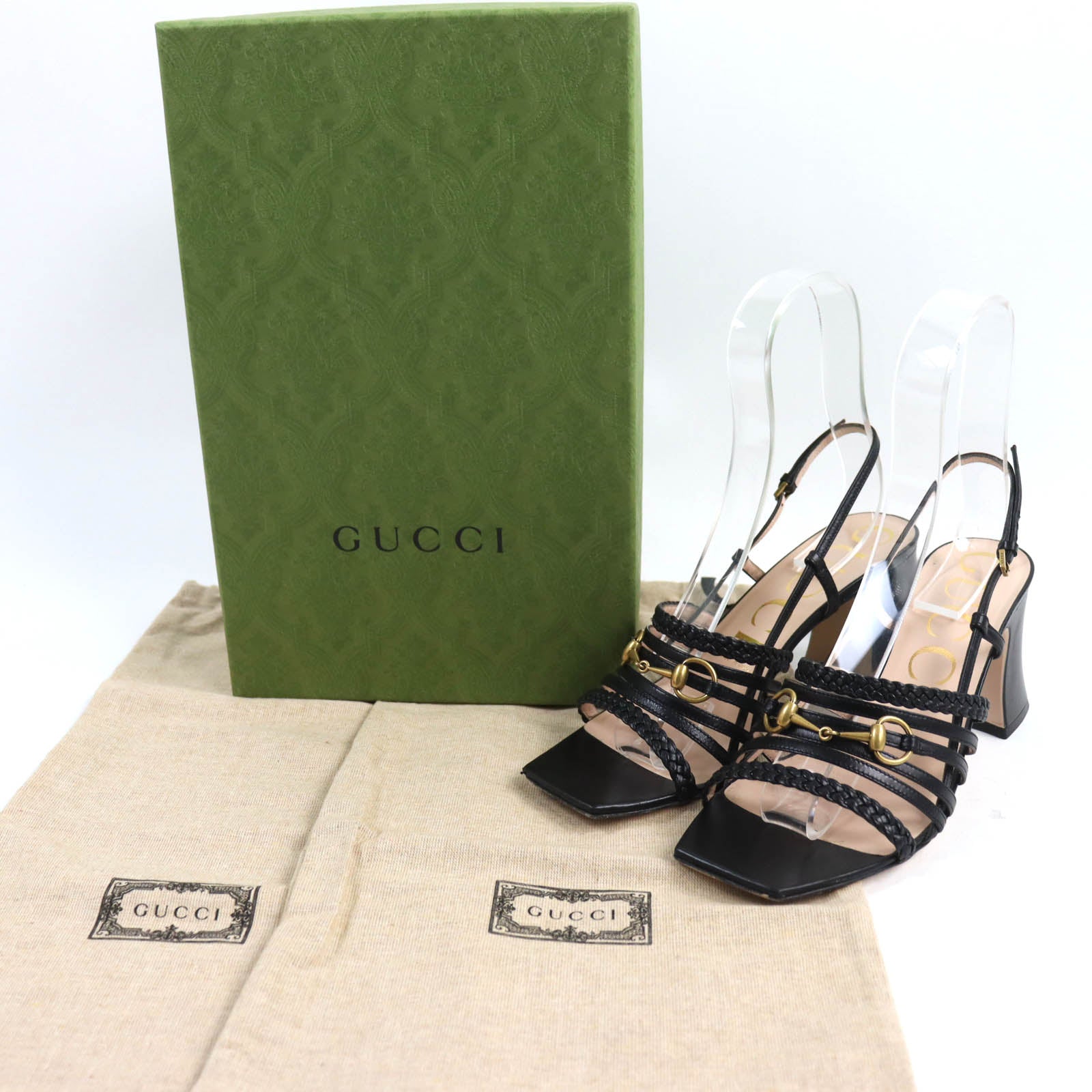 Gucci Horsebit Leather Sandals Black Gold 38