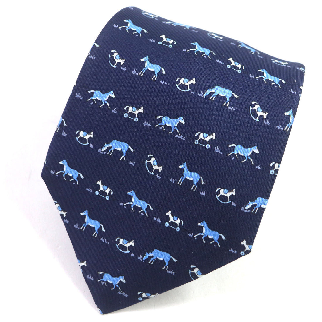 HERMES Silk Horse Pattern Tie Navy