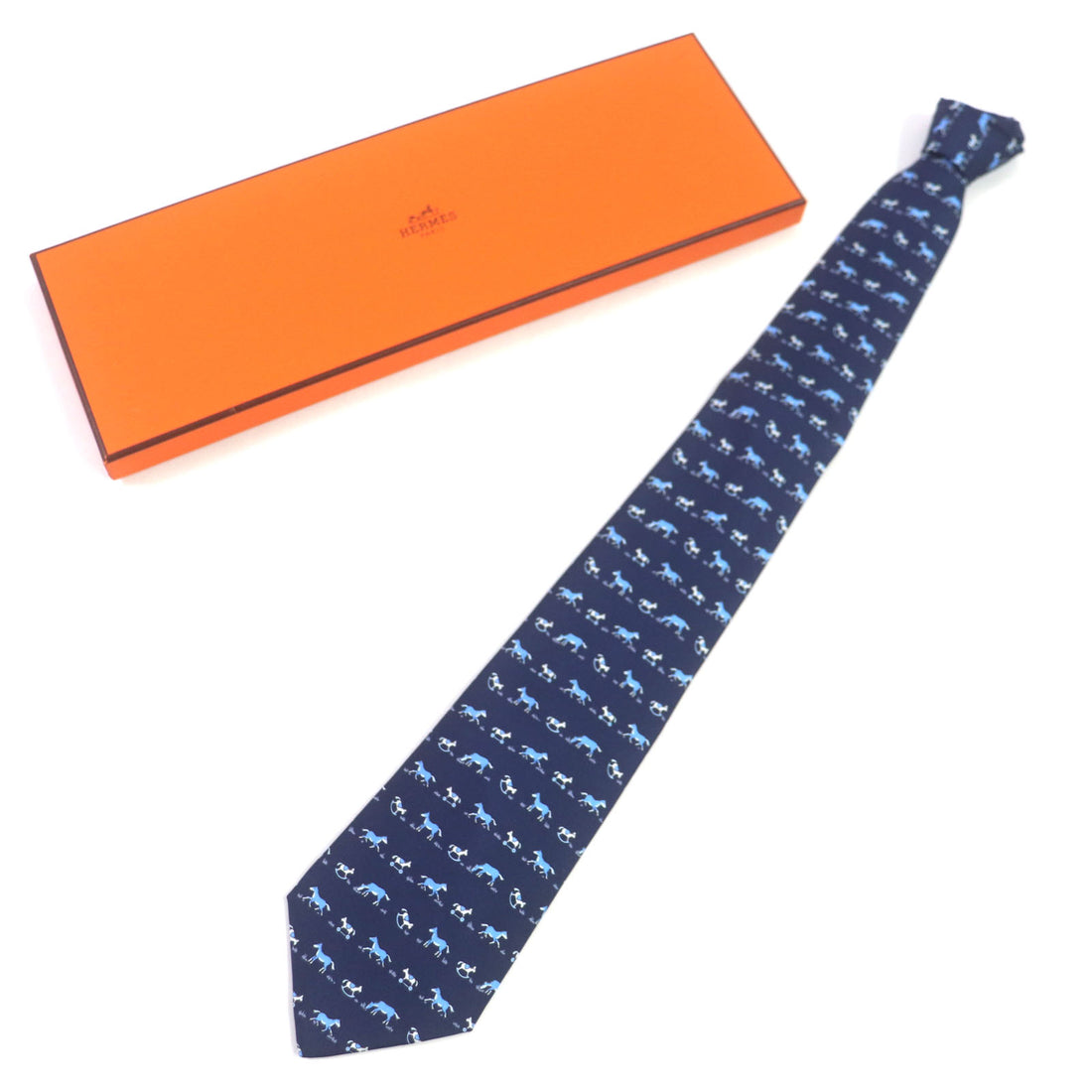 HERMES Silk Horse Pattern Tie Navy