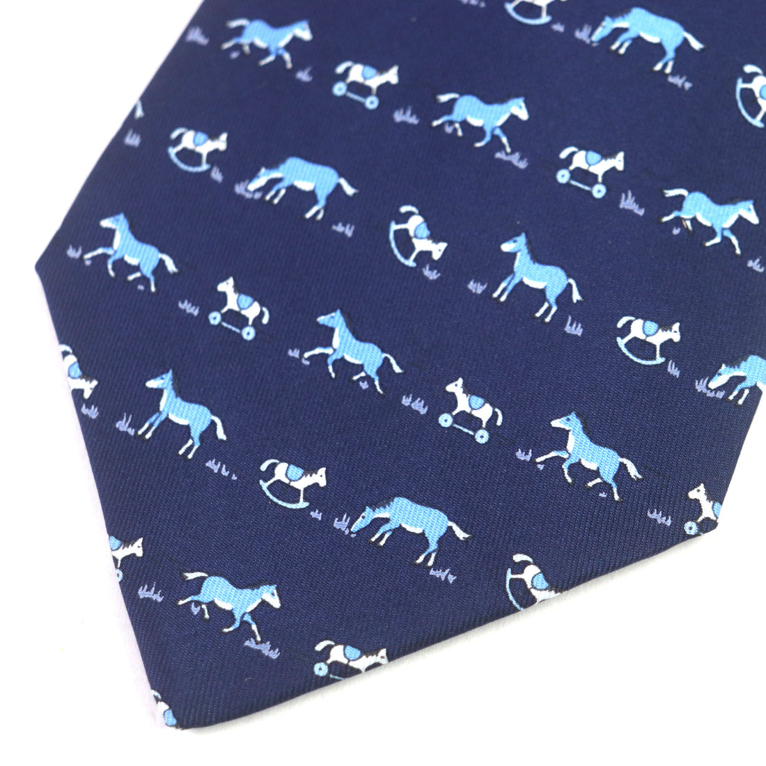 HERMES Silk Horse Pattern Tie Navy