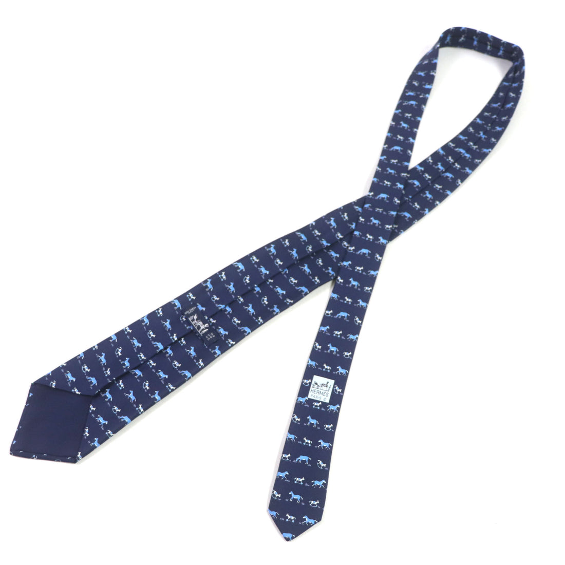 HERMES Silk Horse Pattern Tie Navy