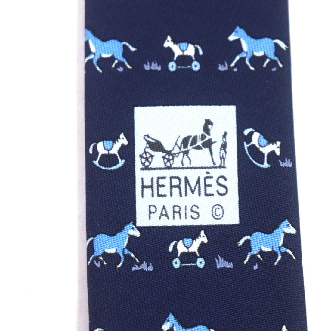 HERMES Silk Horse Pattern Tie Navy