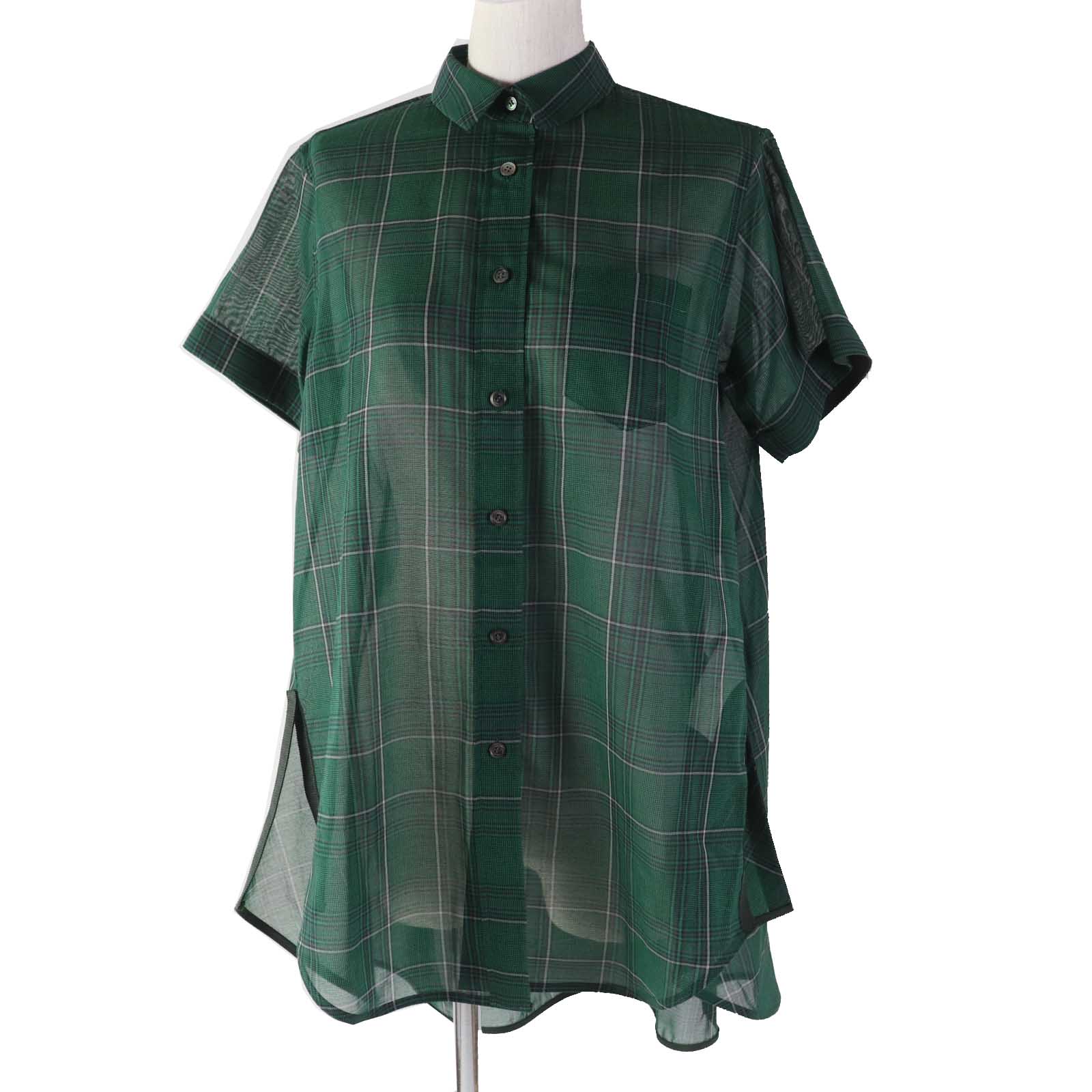 Sacai Glencheck Mix Shirt Cotton Polyester Check Pattern Short Sleeve Green Women