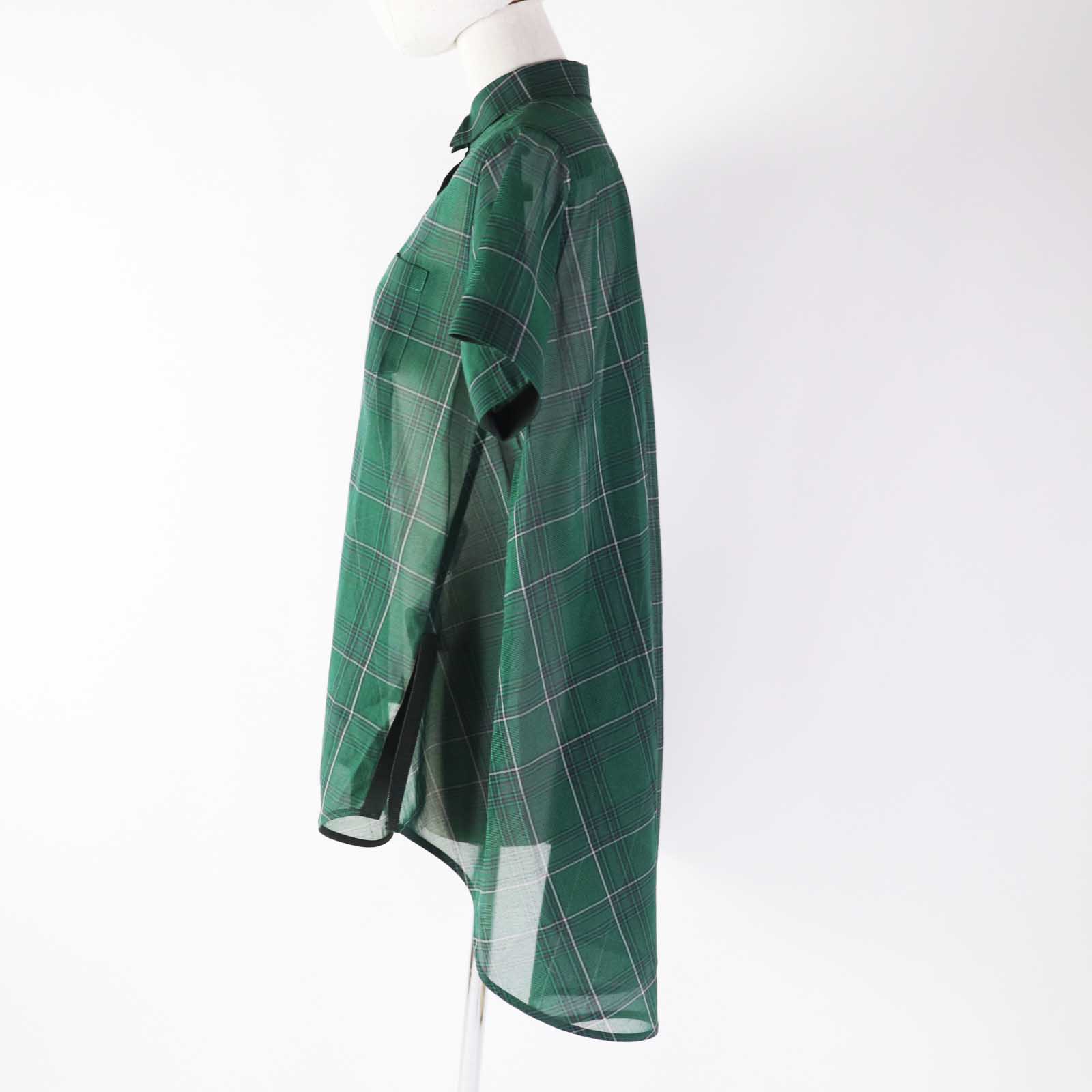 Sacai Glencheck Mix Shirt Cotton Polyester Check Pattern Short Sleeve Green Women