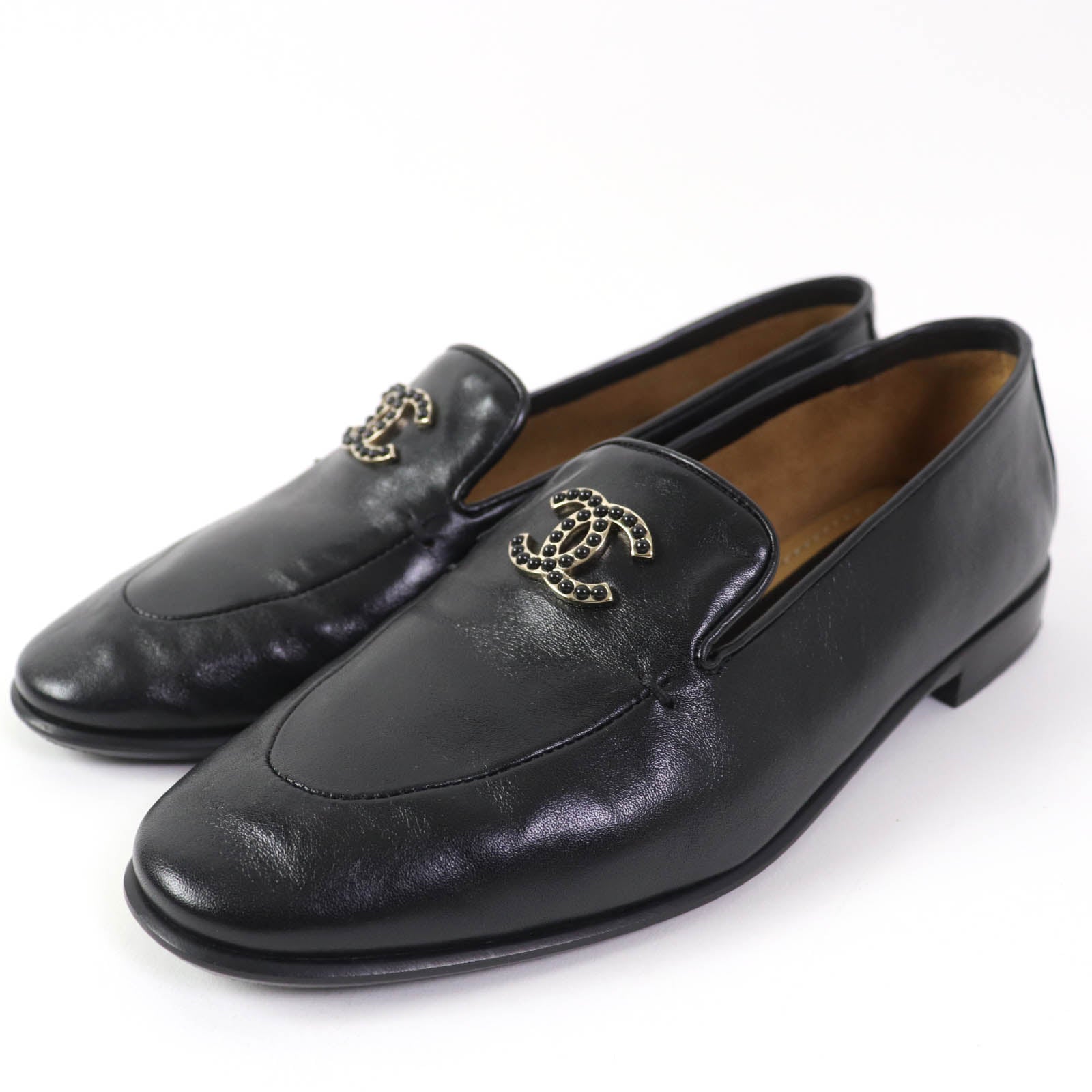 Chanel Leather Loafers Black 38.5 G45008