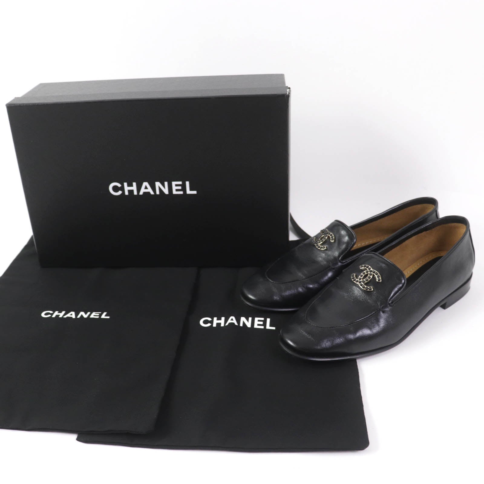 Chanel Leather Loafers Black 38.5 G45008