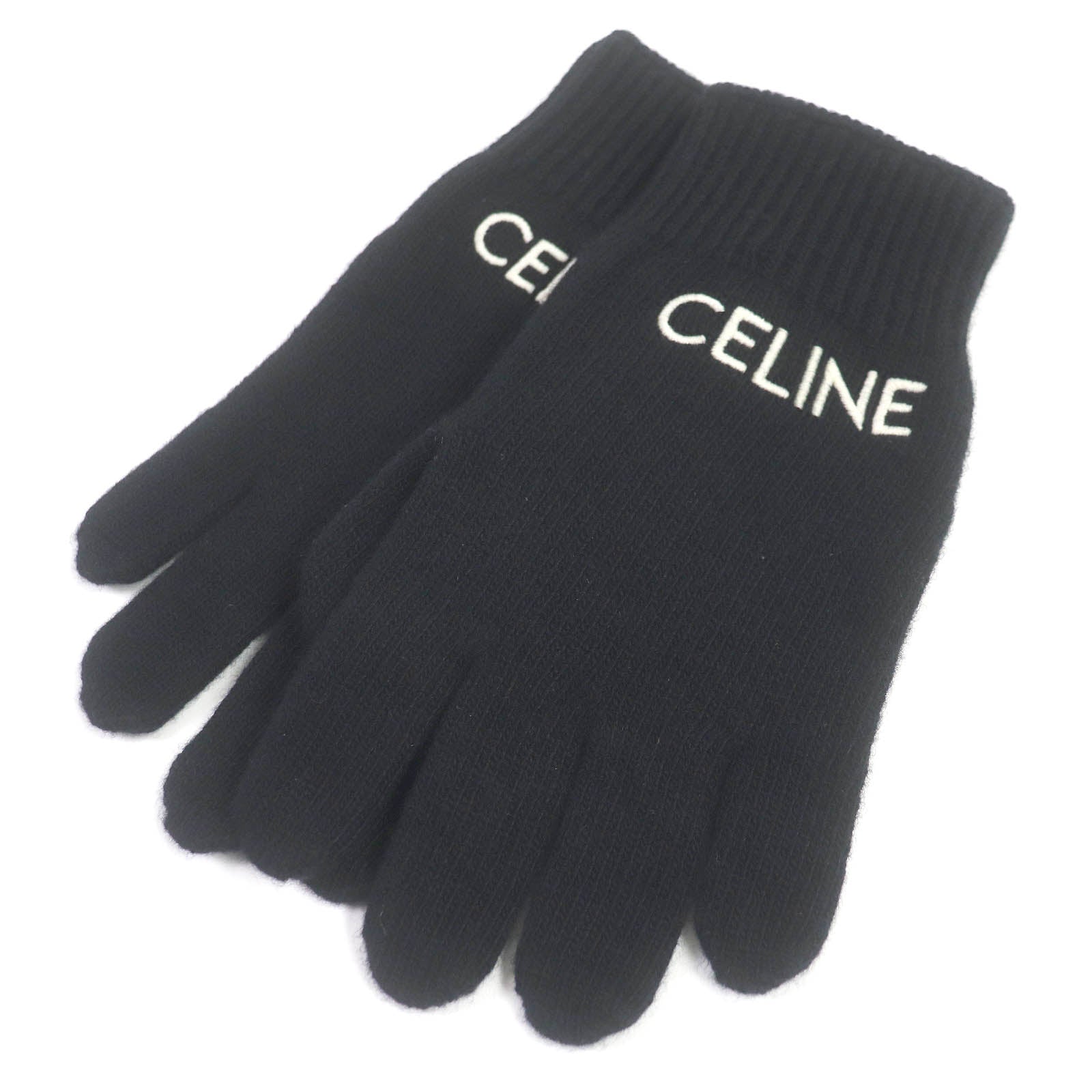 Celine Wool Logo Knit Gloves Black S