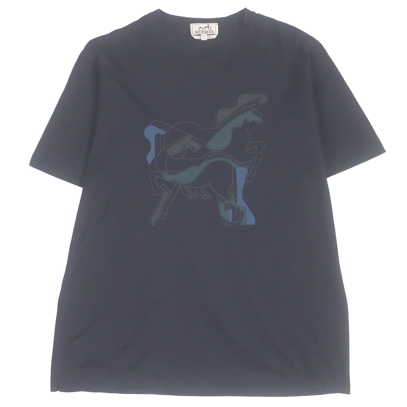 HERMES Horse Print Crew Neck T-Shirt Navy S