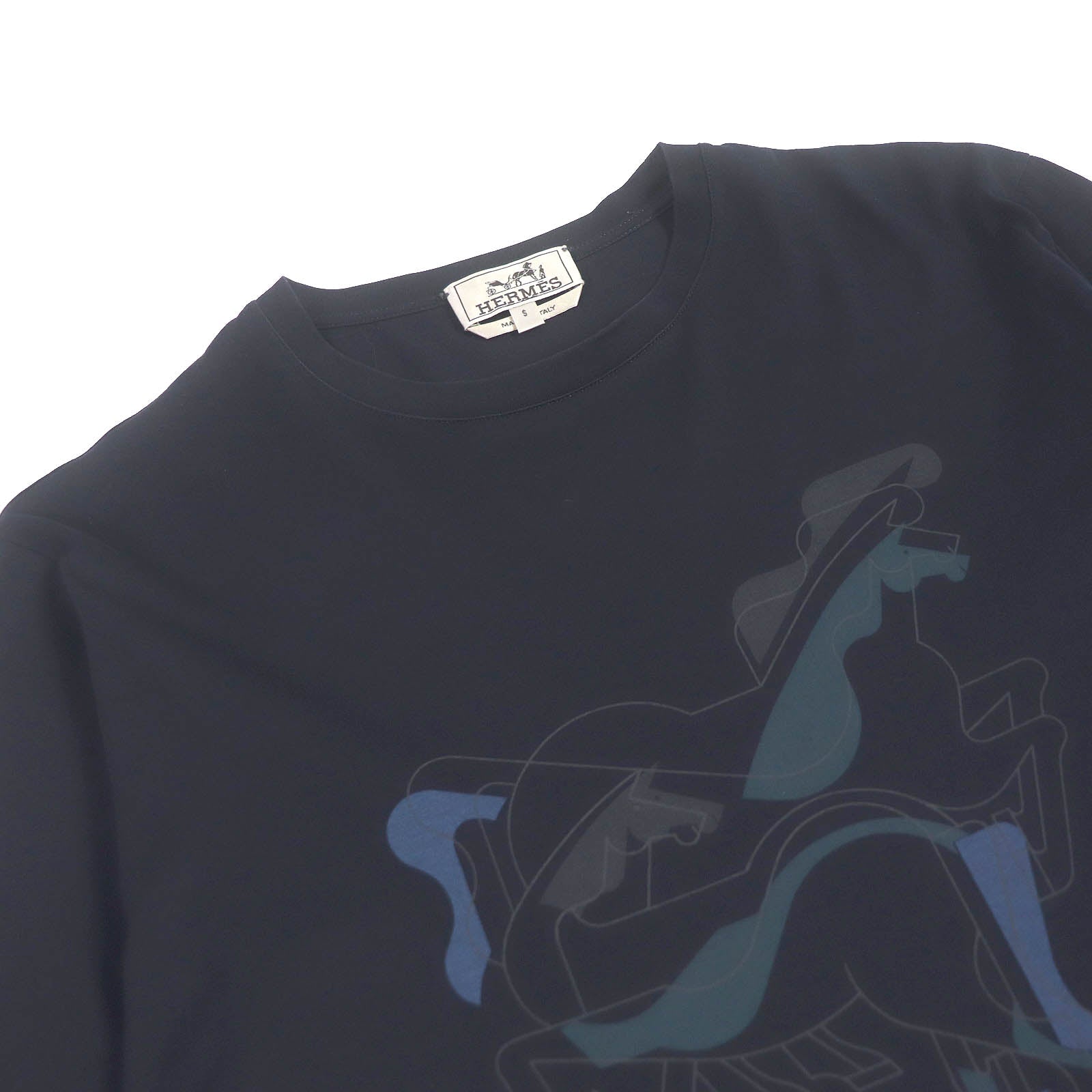 HERMES Horse Print Crew Neck T-Shirt Navy S