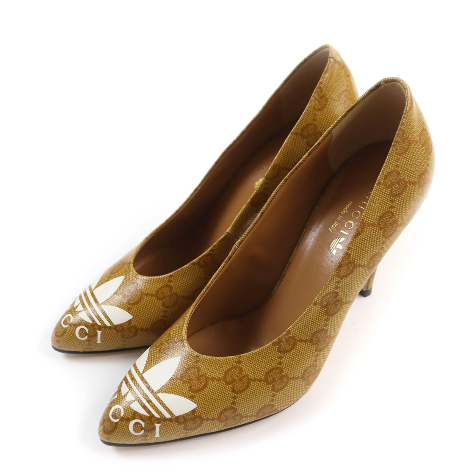 Gucci GG Crystal Logo Leather Pumps Brown 37