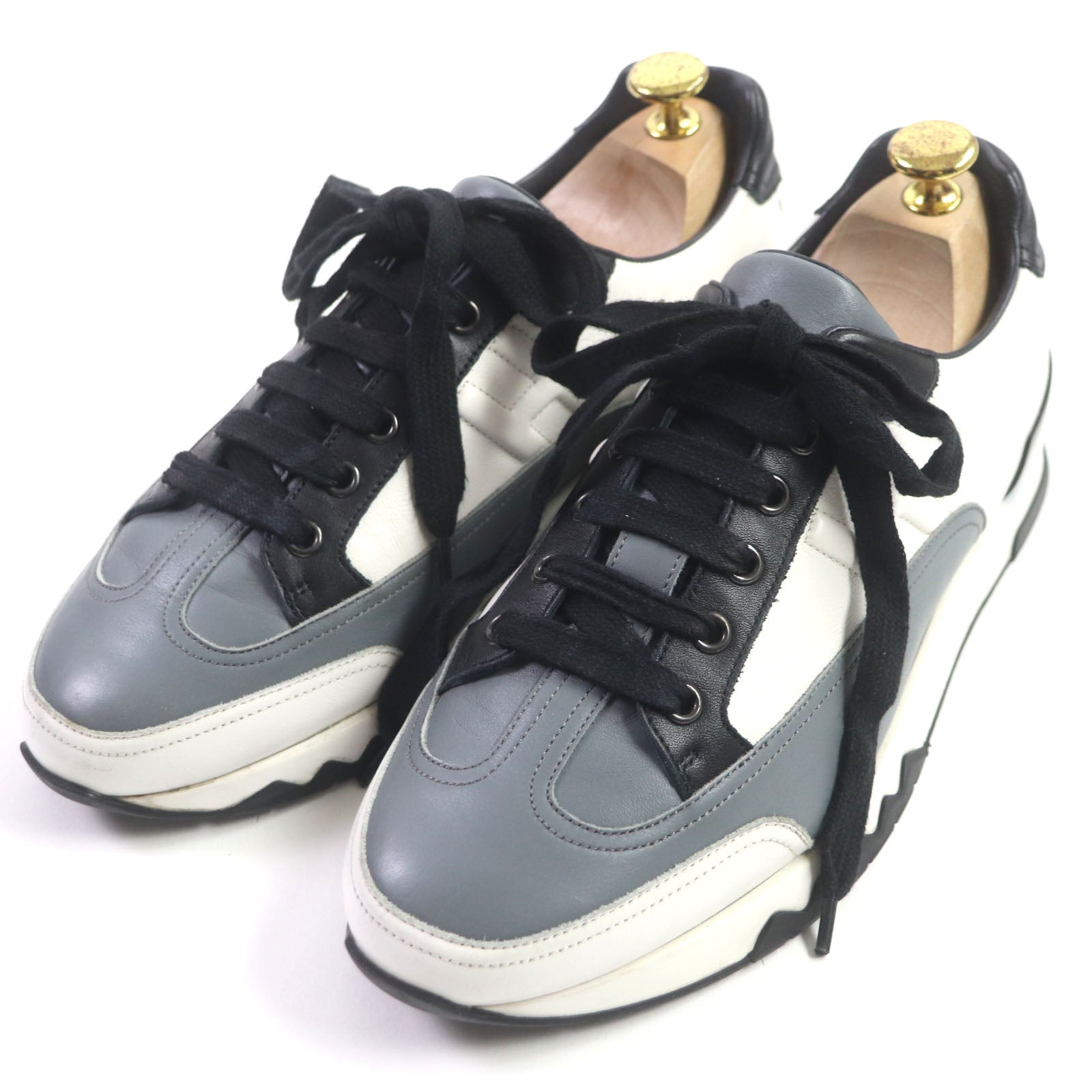 HERMES Leather Low Cut Sneakers White Black Gray