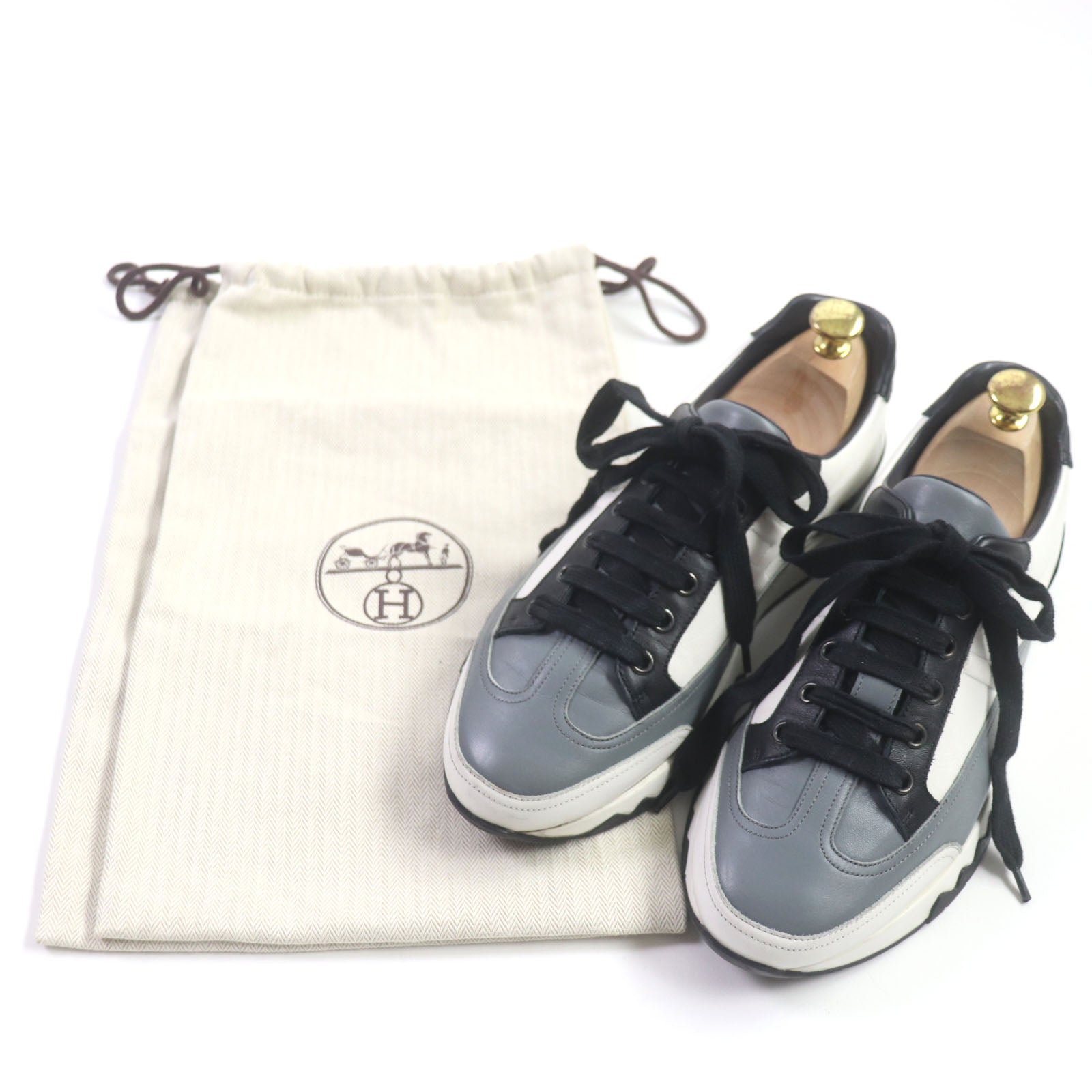 HERMES Leather Low Cut Sneakers White Black Gray