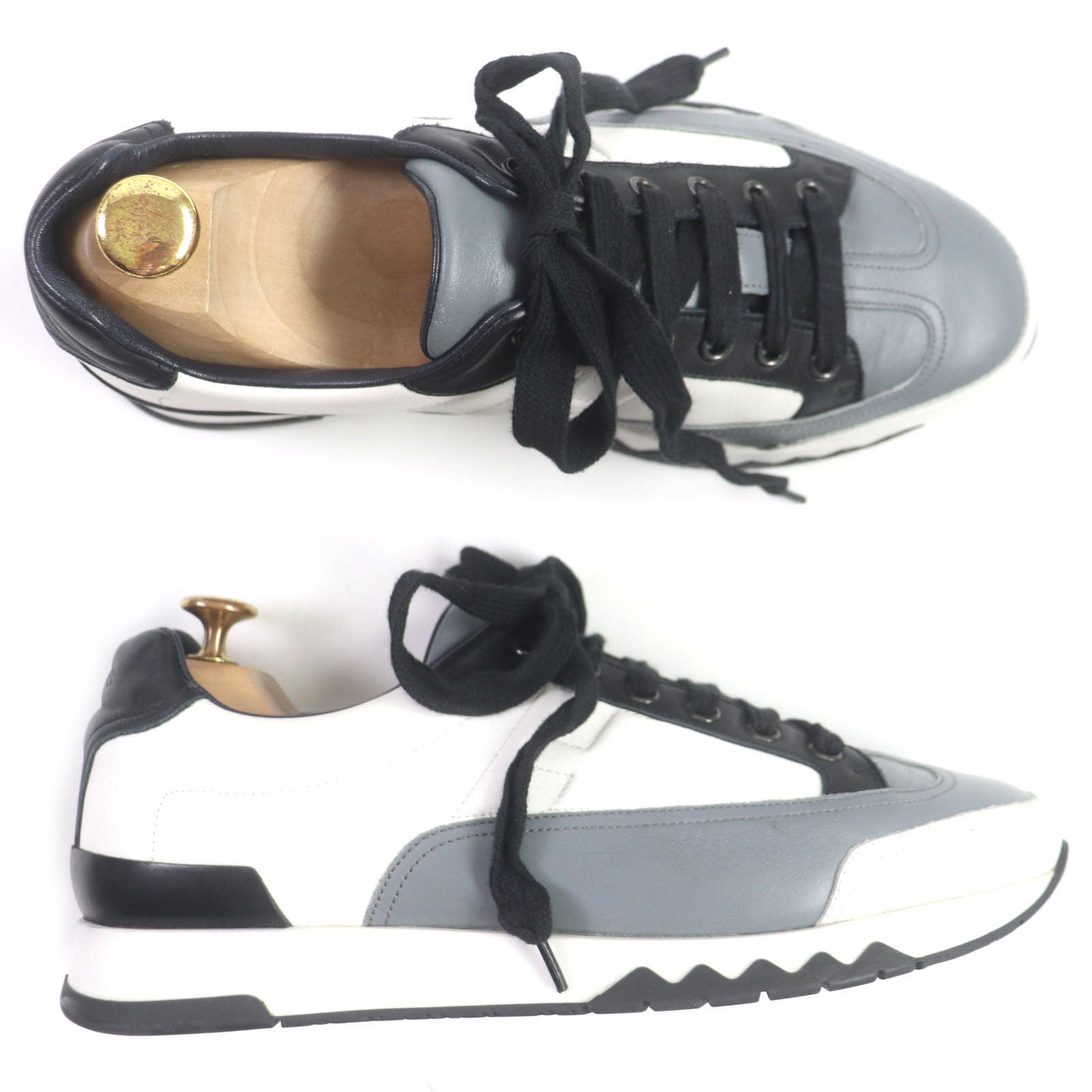 HERMES Leather Low Cut Sneakers White Black Gray