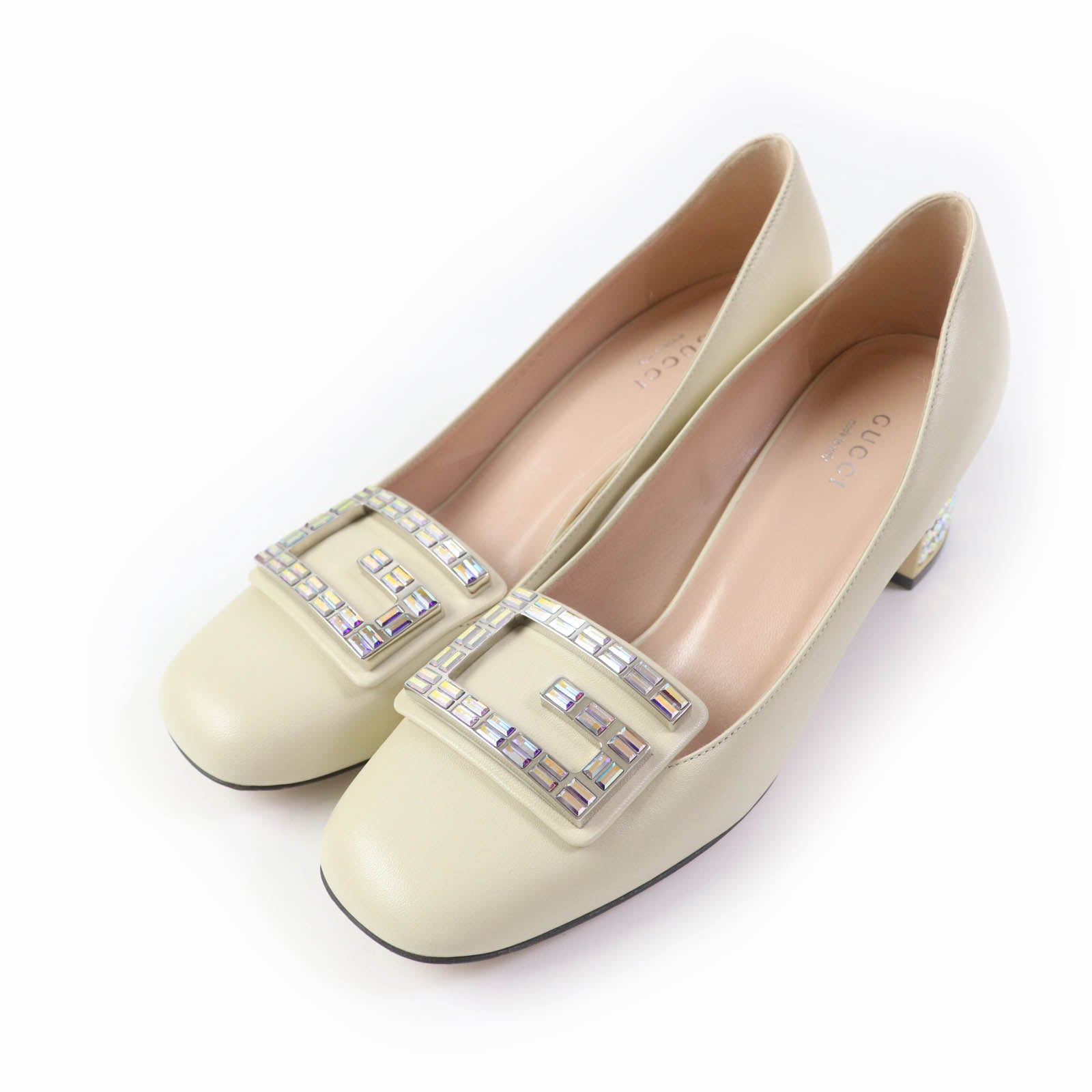 Gucci Crystal G Logo Leather Pumps Ivory 37.5