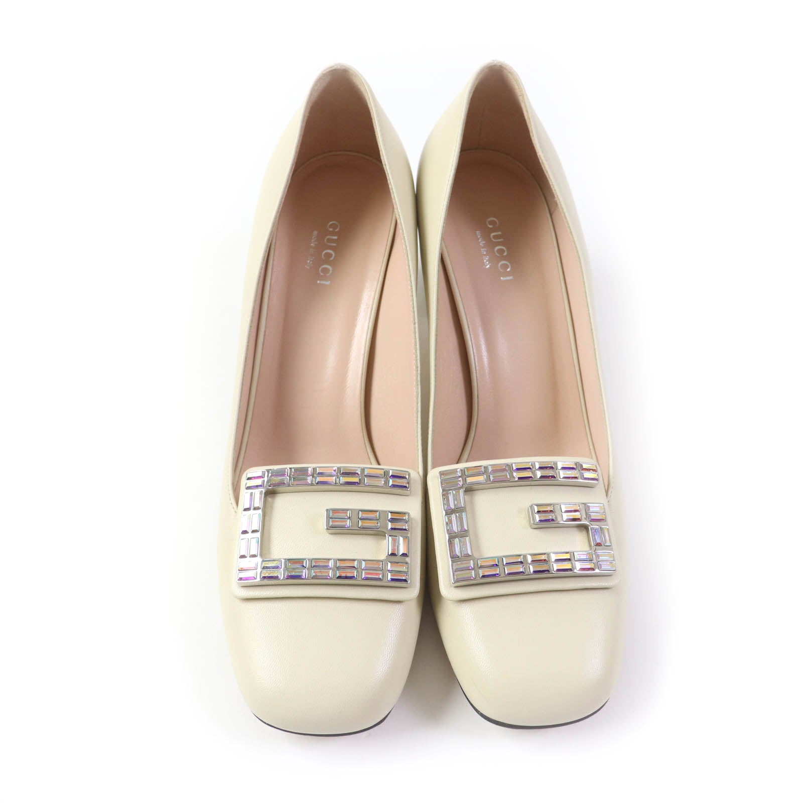 Gucci Crystal G Logo Leather Pumps Ivory 37.5