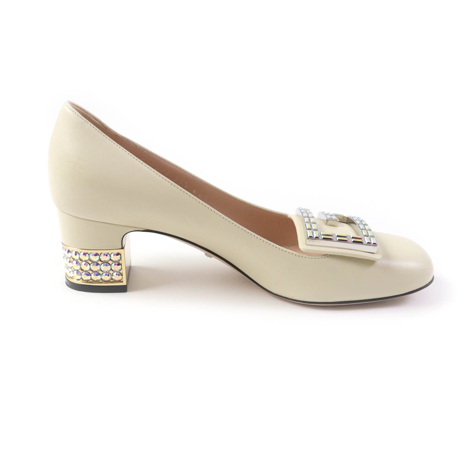 Gucci Crystal G Logo Leather Pumps Ivory 37.5