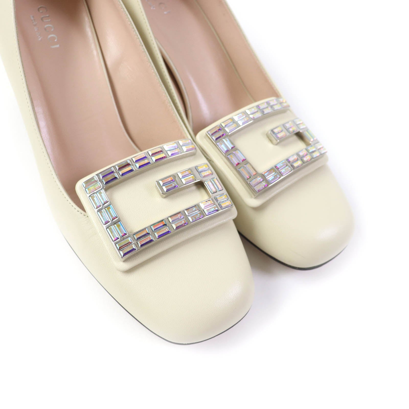 Gucci Crystal G Logo Leather Pumps Ivory 37.5