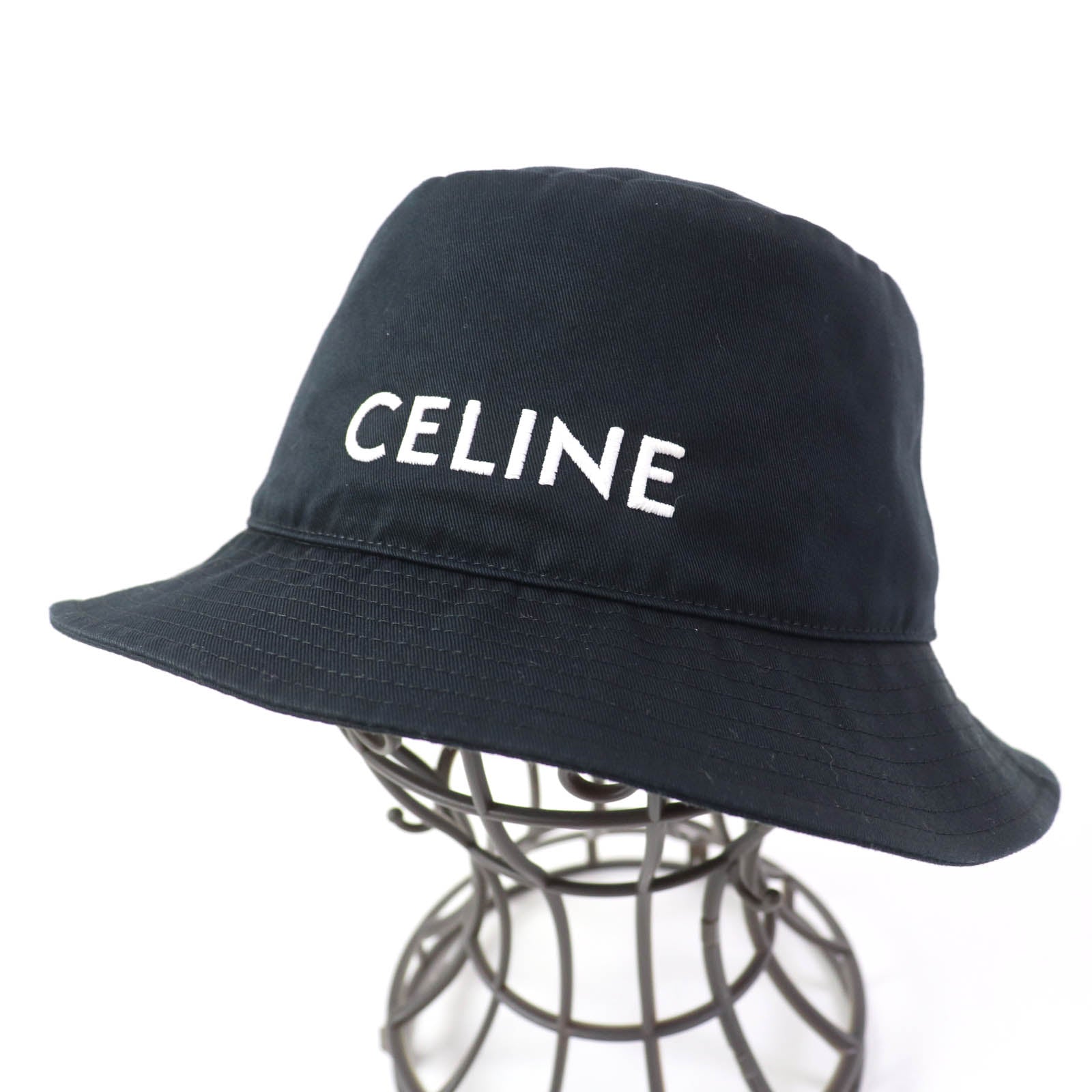 Celine Cotton Embroidered Logo Bucket Hat Black S