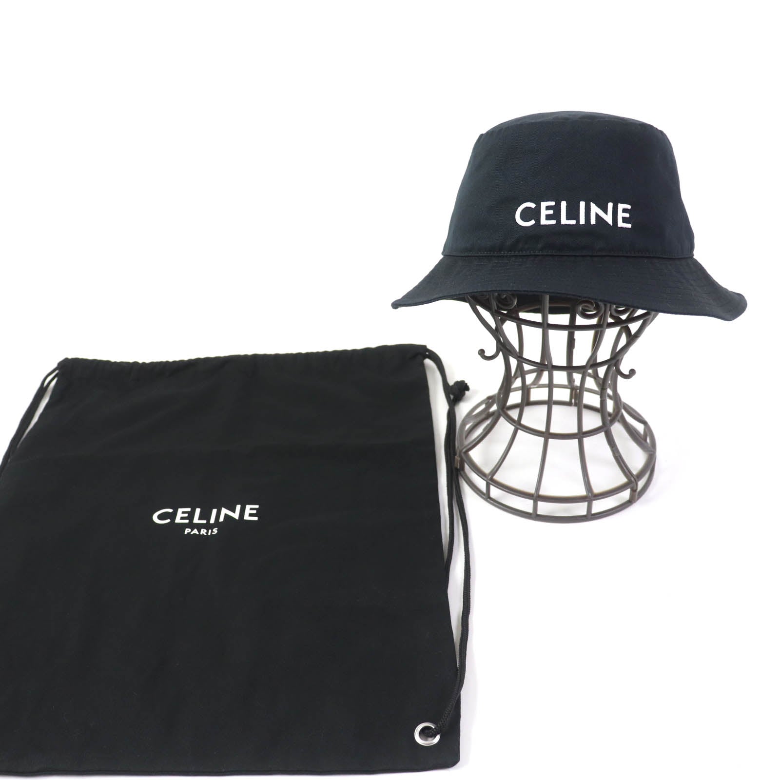 Celine Cotton Embroidered Logo Bucket Hat Black S