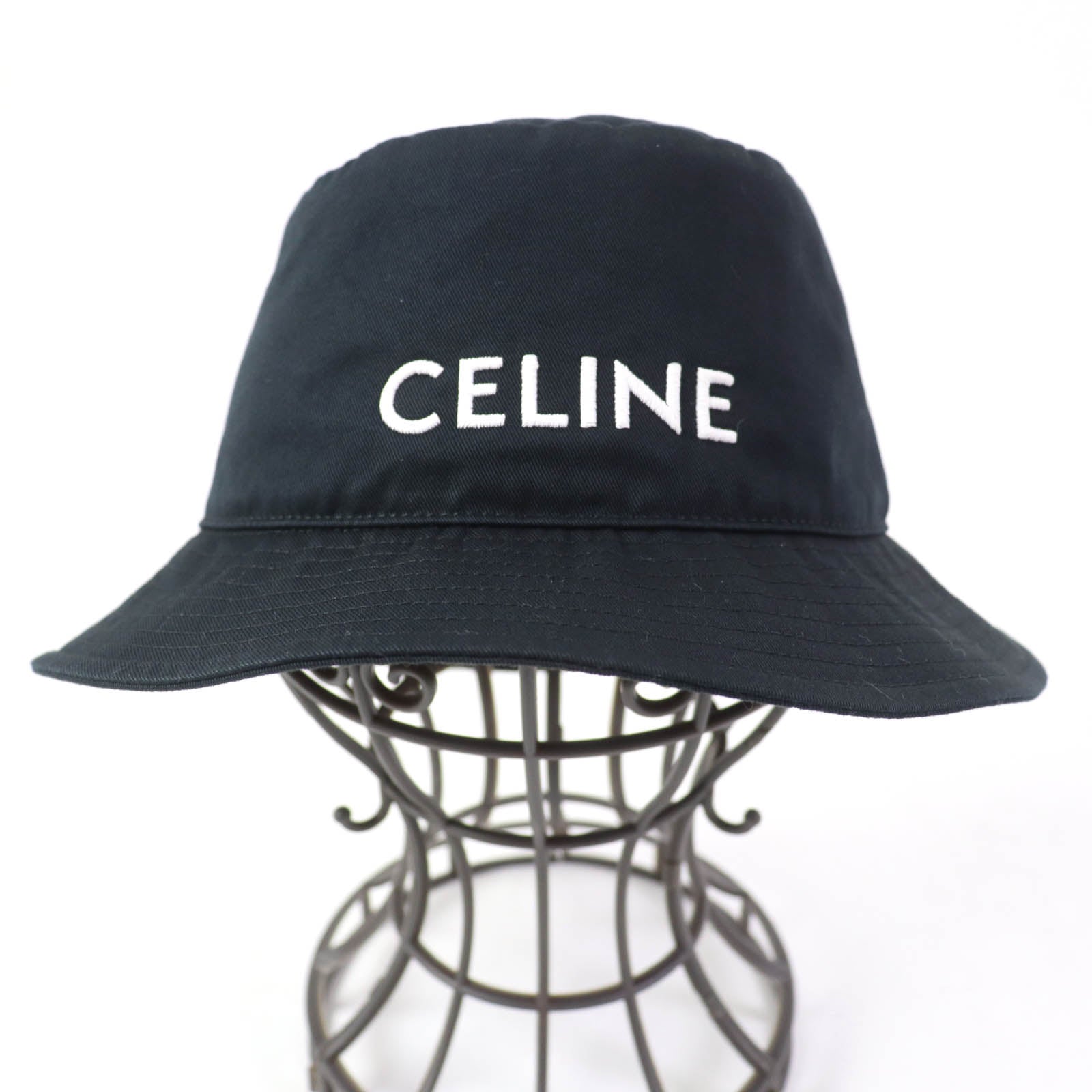 Celine Cotton Embroidered Logo Bucket Hat Black S