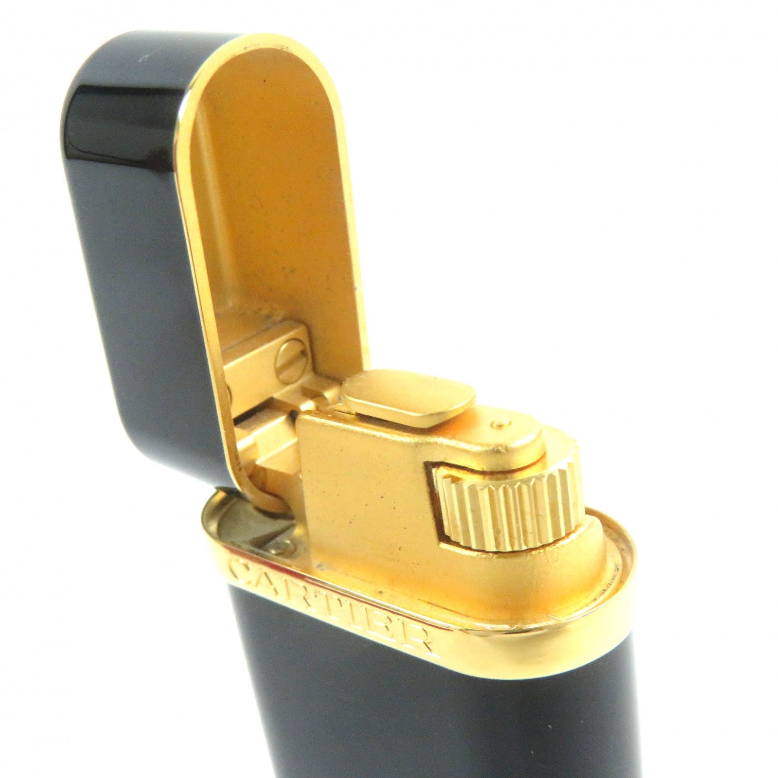 Cartier Godron Logo Oval Gas Lighter Black Gold