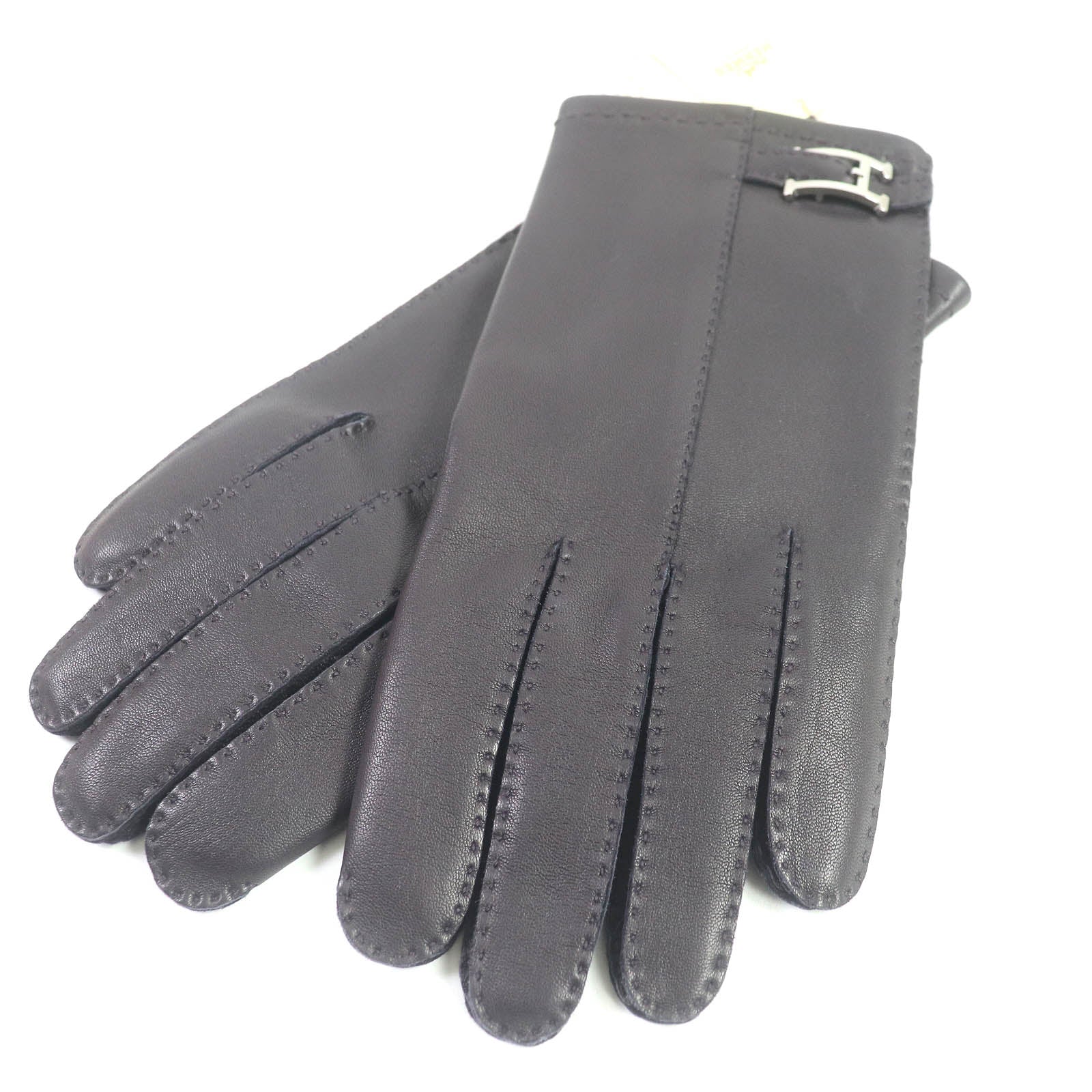 HERMES Lamb Leather Silk Gloves Dark Brown