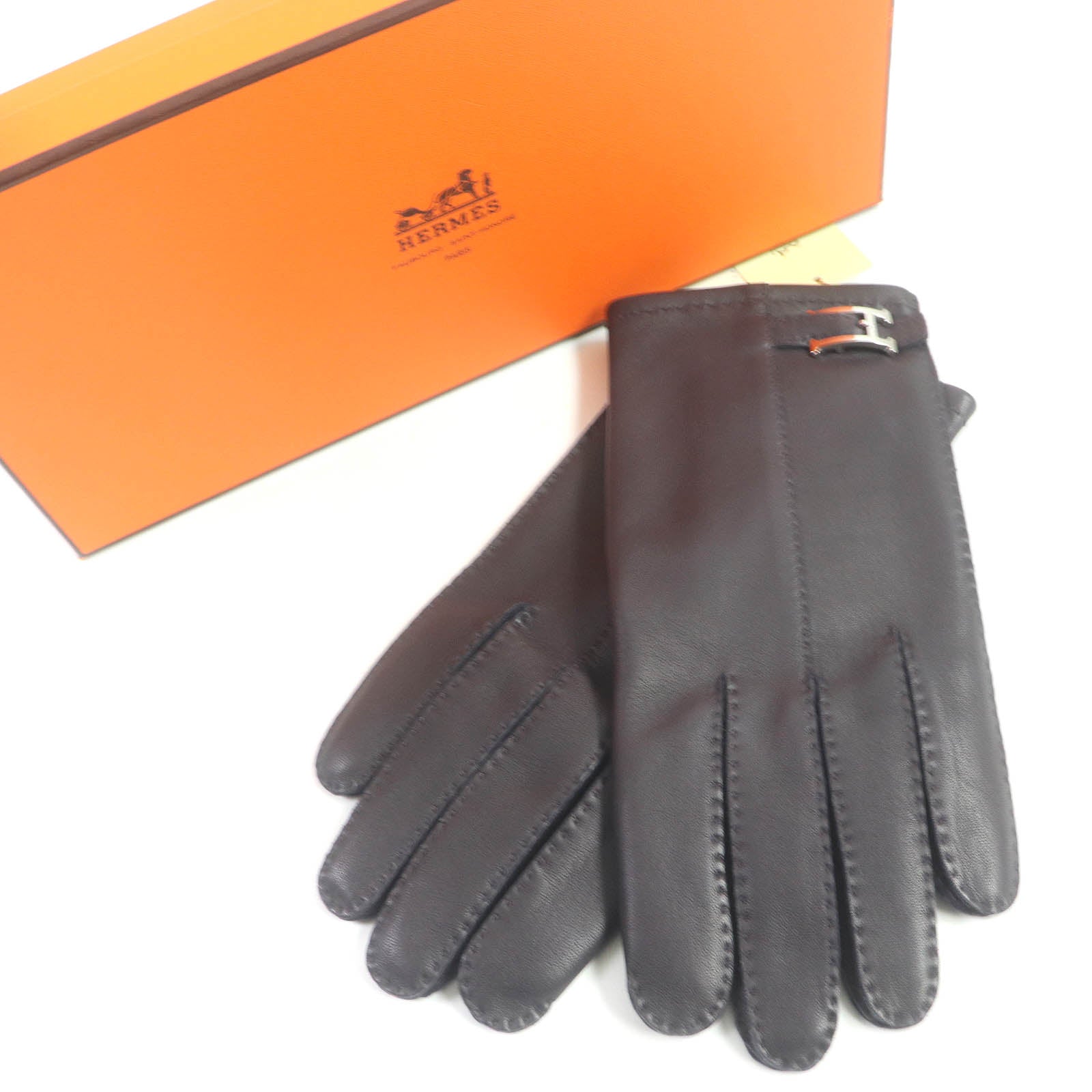 HERMES Lamb Leather Silk Gloves Dark Brown