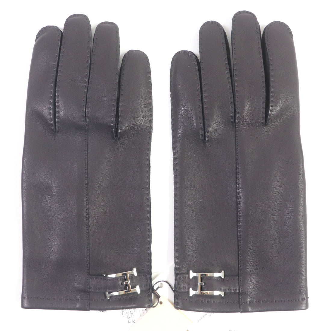 HERMES Lamb Leather Silk Gloves Dark Brown