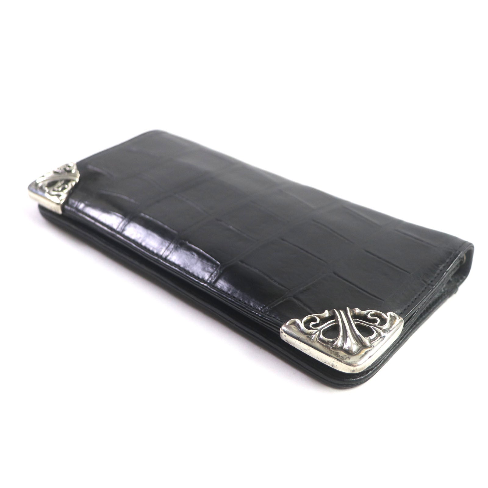 Black Leather Alligator Croc Bi-Fold Wallet