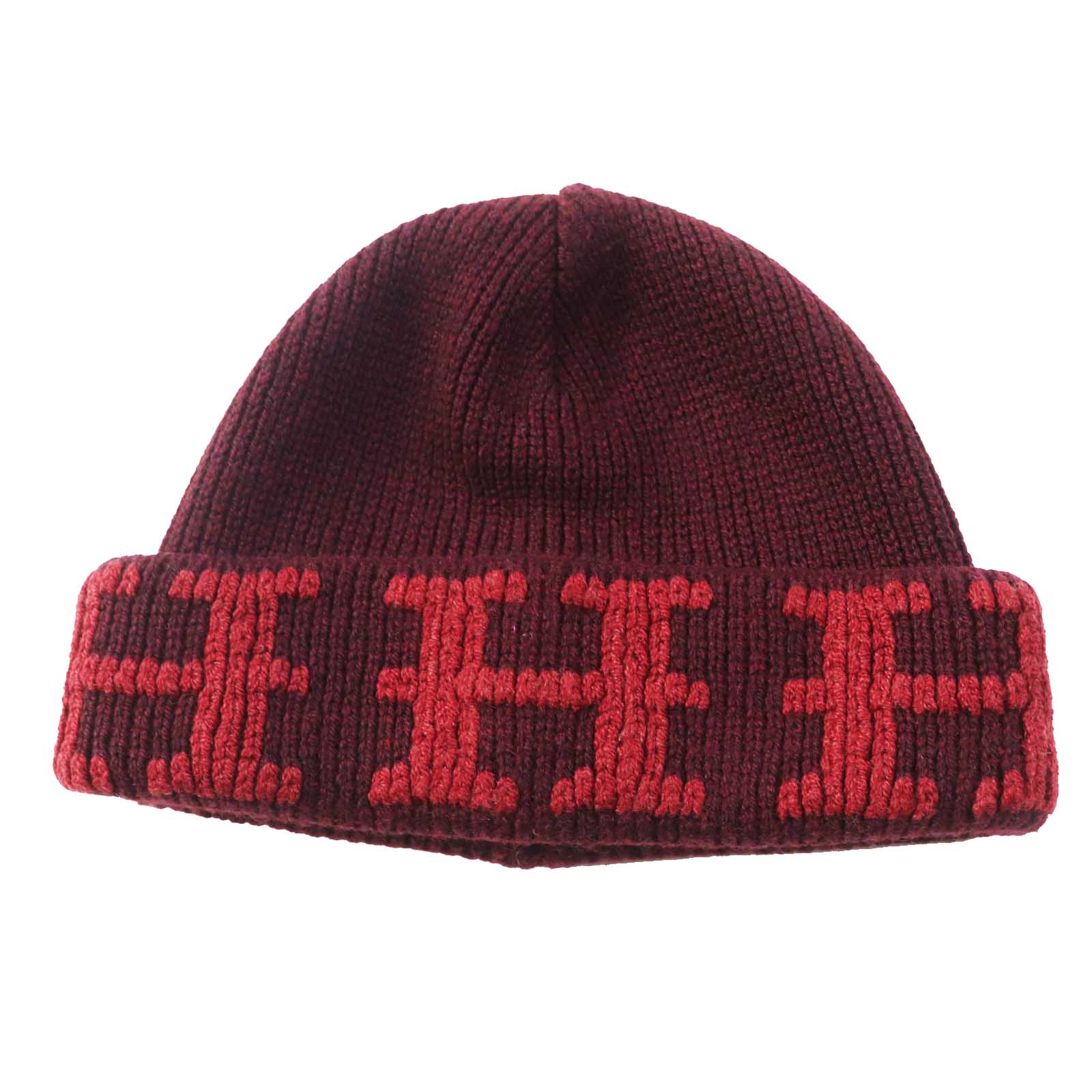 HERMES Cashmere H Pattern Knit Hat Bordeaux