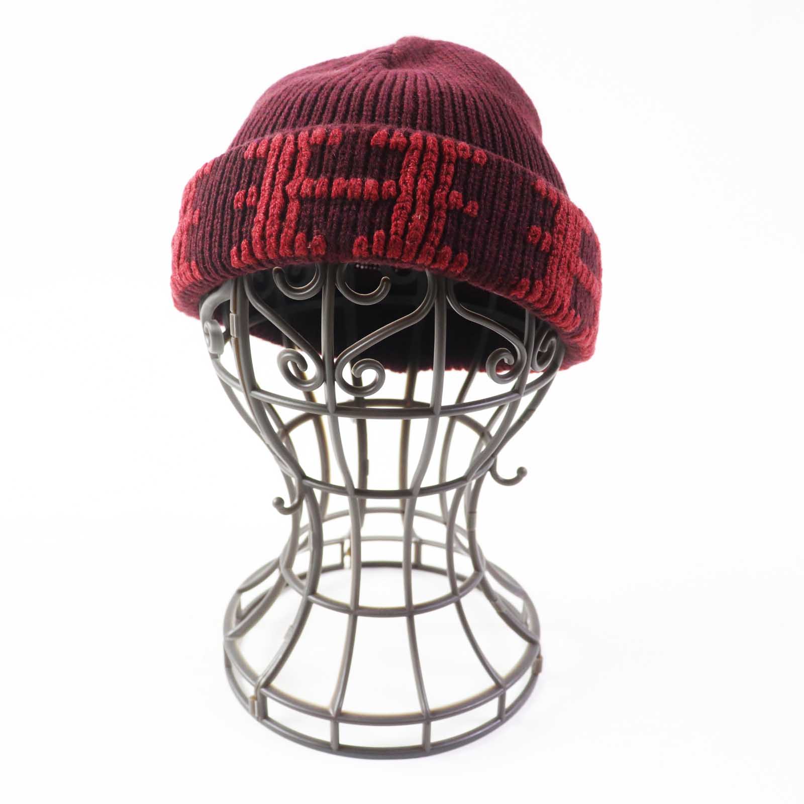 HERMES Cashmere H Pattern Knit Hat Bordeaux