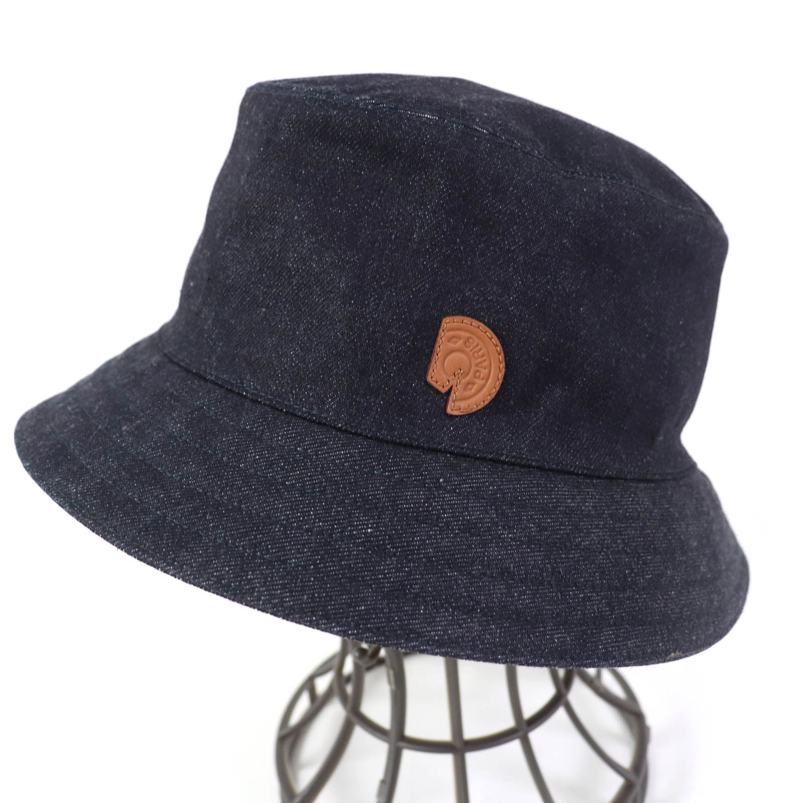 HERMES Cotton Leather Bucket Hat with Logo Patch