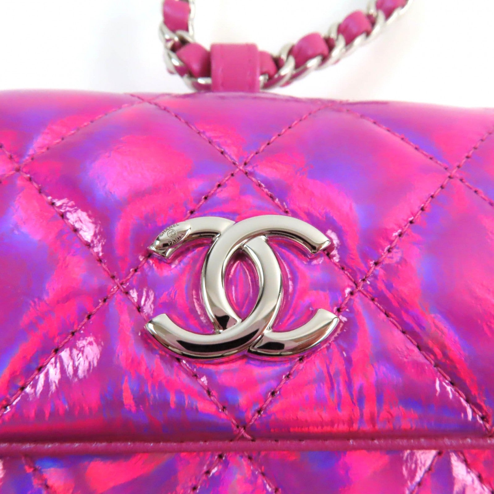 Chanel COCO Mark Metal Enamel Pouch Neon Pink