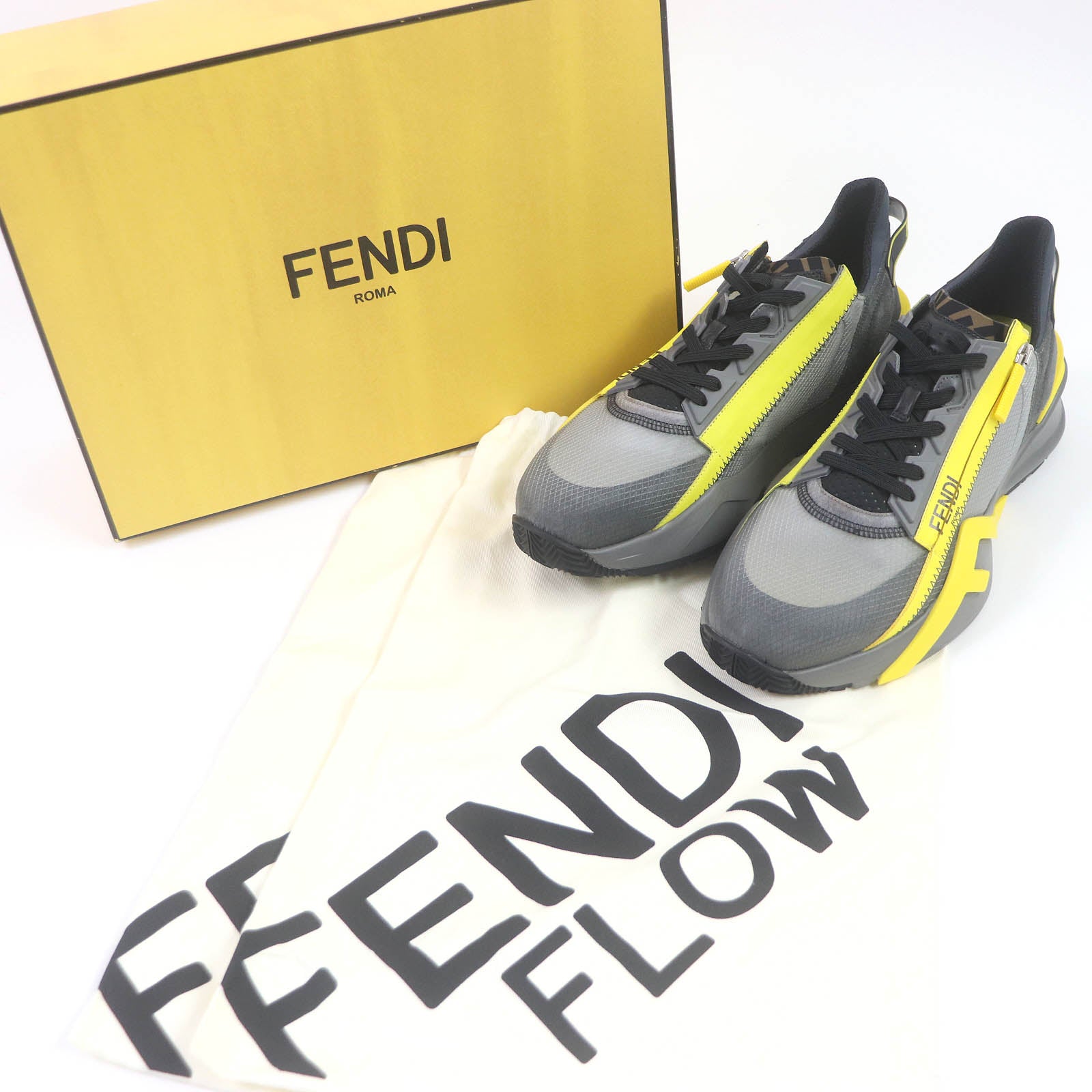 Fendi FLOW FF Logo Low Cut Sneakers Gray Yellow