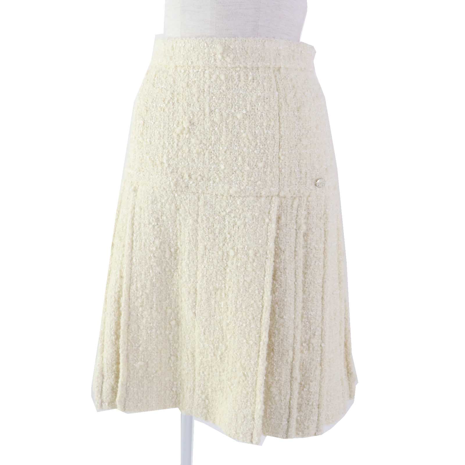 Chanel Tweed Skirt Ivory 36 Wool Nylon Silk