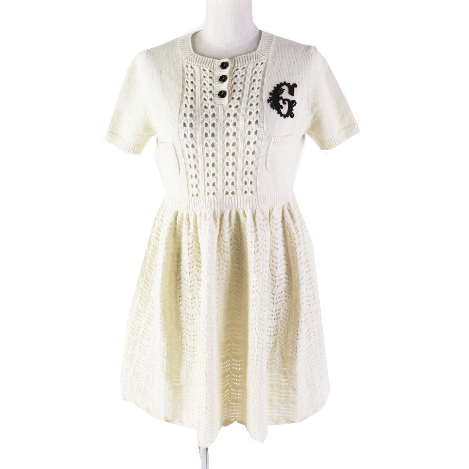 GUCCI Wool G Embroidery Knit Dress Ivory S