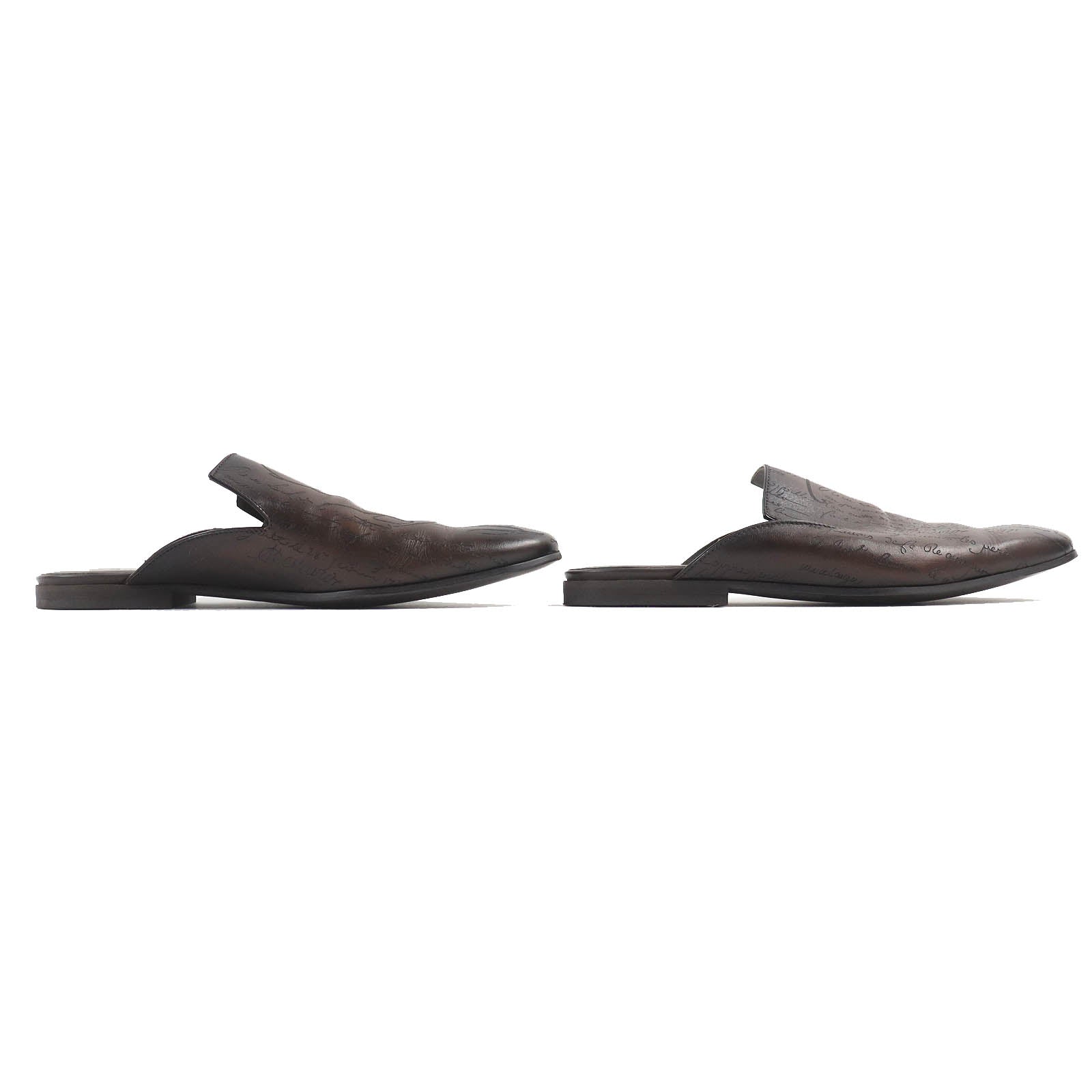 Berluti Leather Calligraphy Sandals Dark Brown