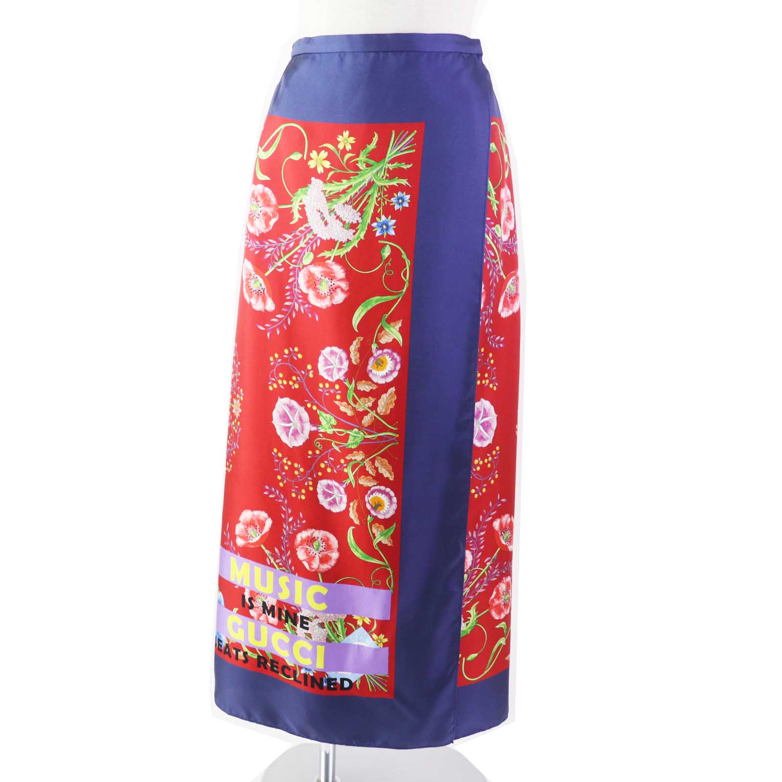 Gucci Silk Logo Floral Wrap Skirt Navy Red 36