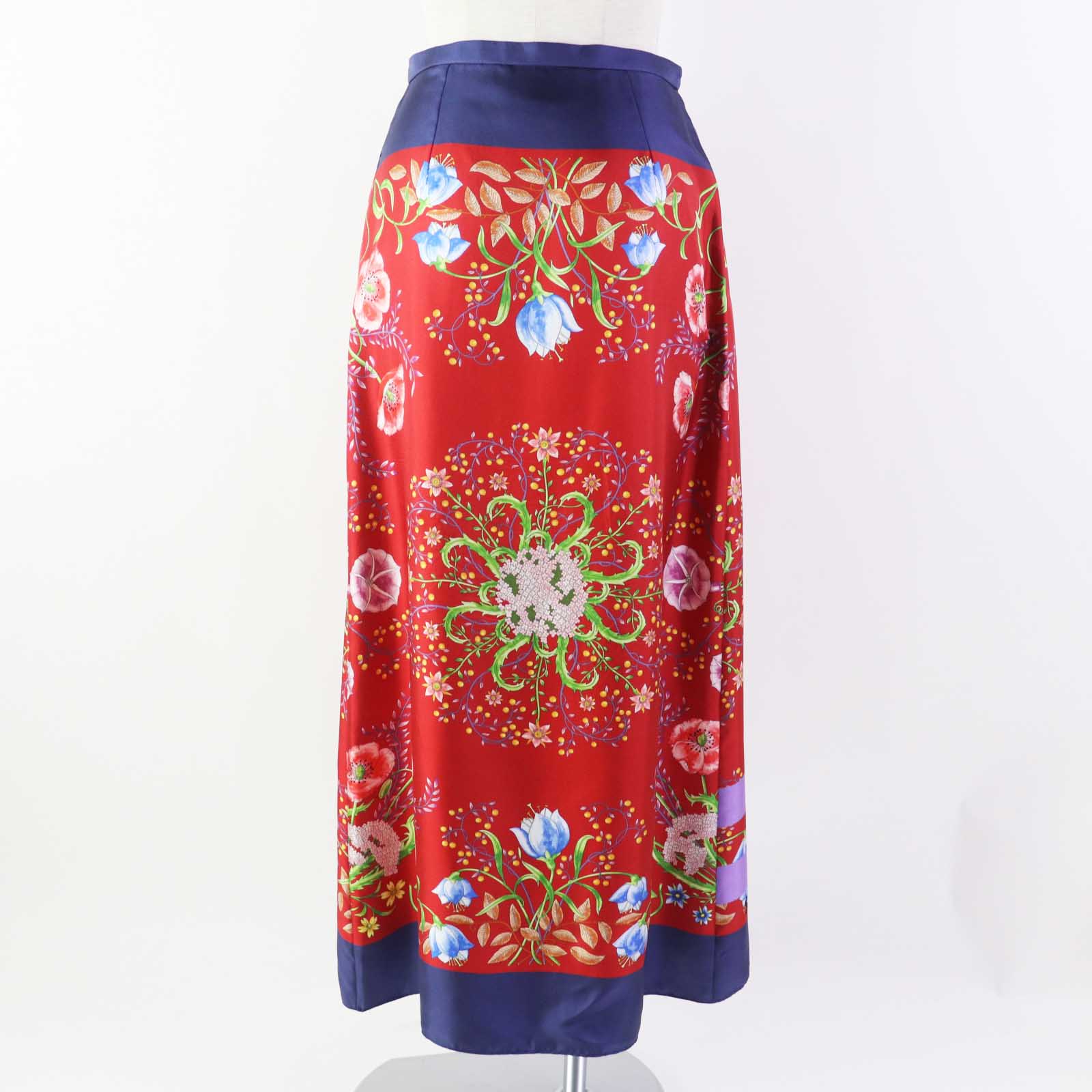 Gucci Silk Logo Floral Wrap Skirt Navy Red 36