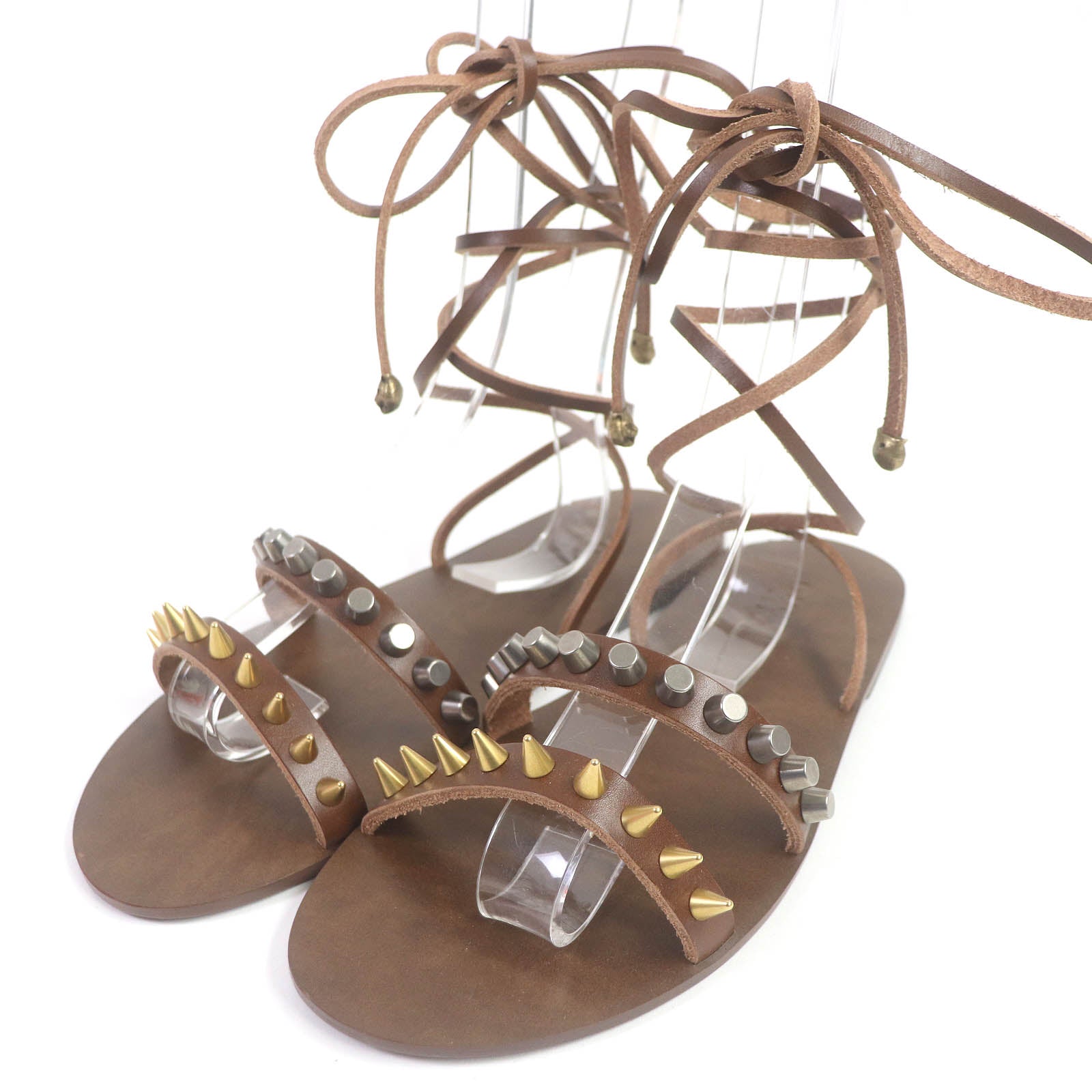 GUCCI Studded Tiger Head Leather Sandals Brown