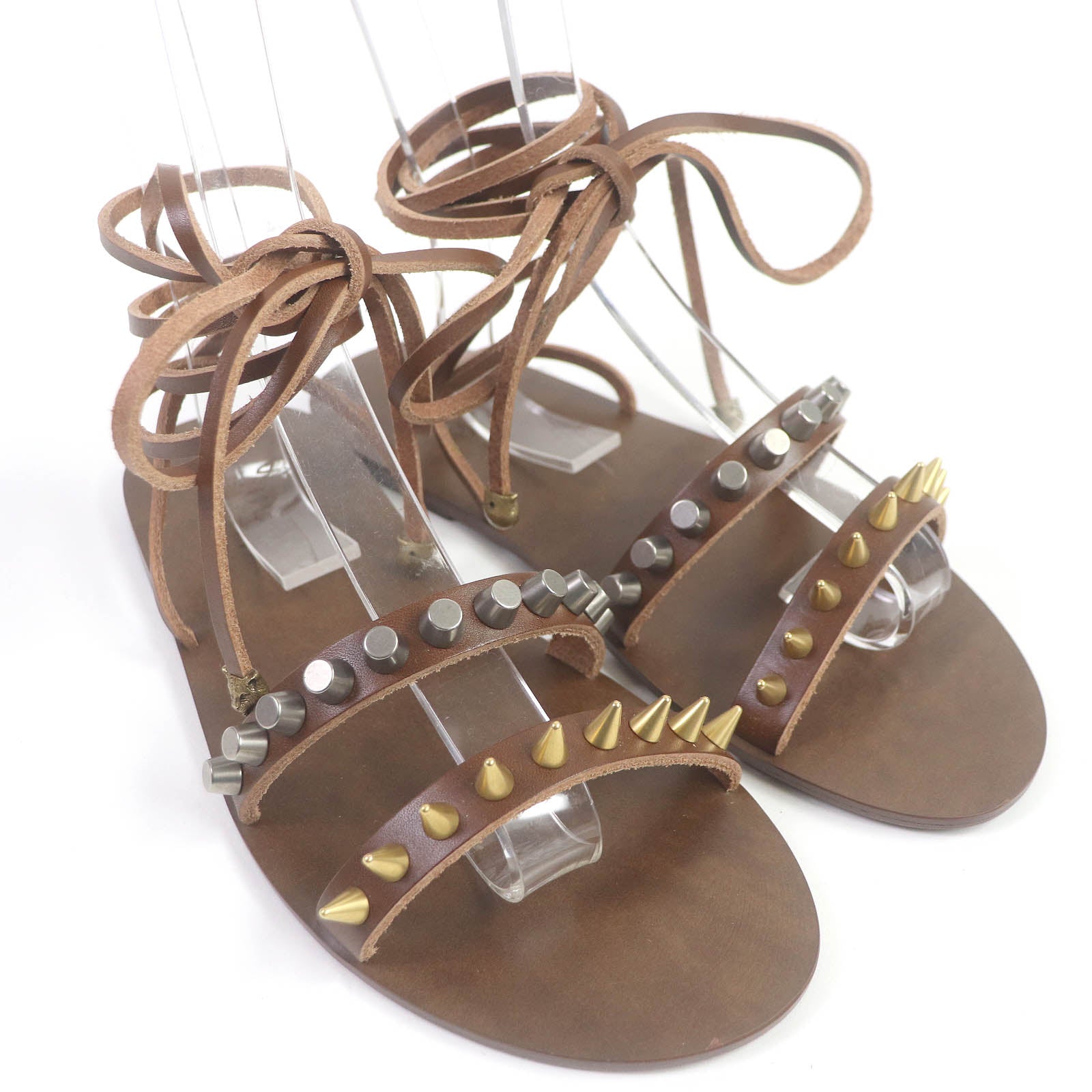 GUCCI Studded Tiger Head Leather Sandals Brown