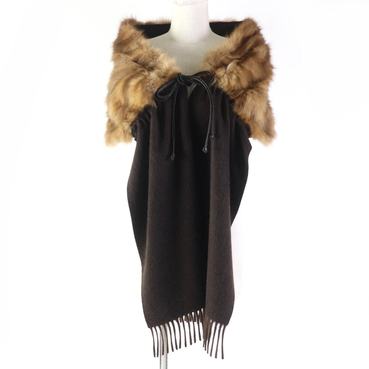 FENDI Cashmere Mink Fringe Stole Shawl Brown