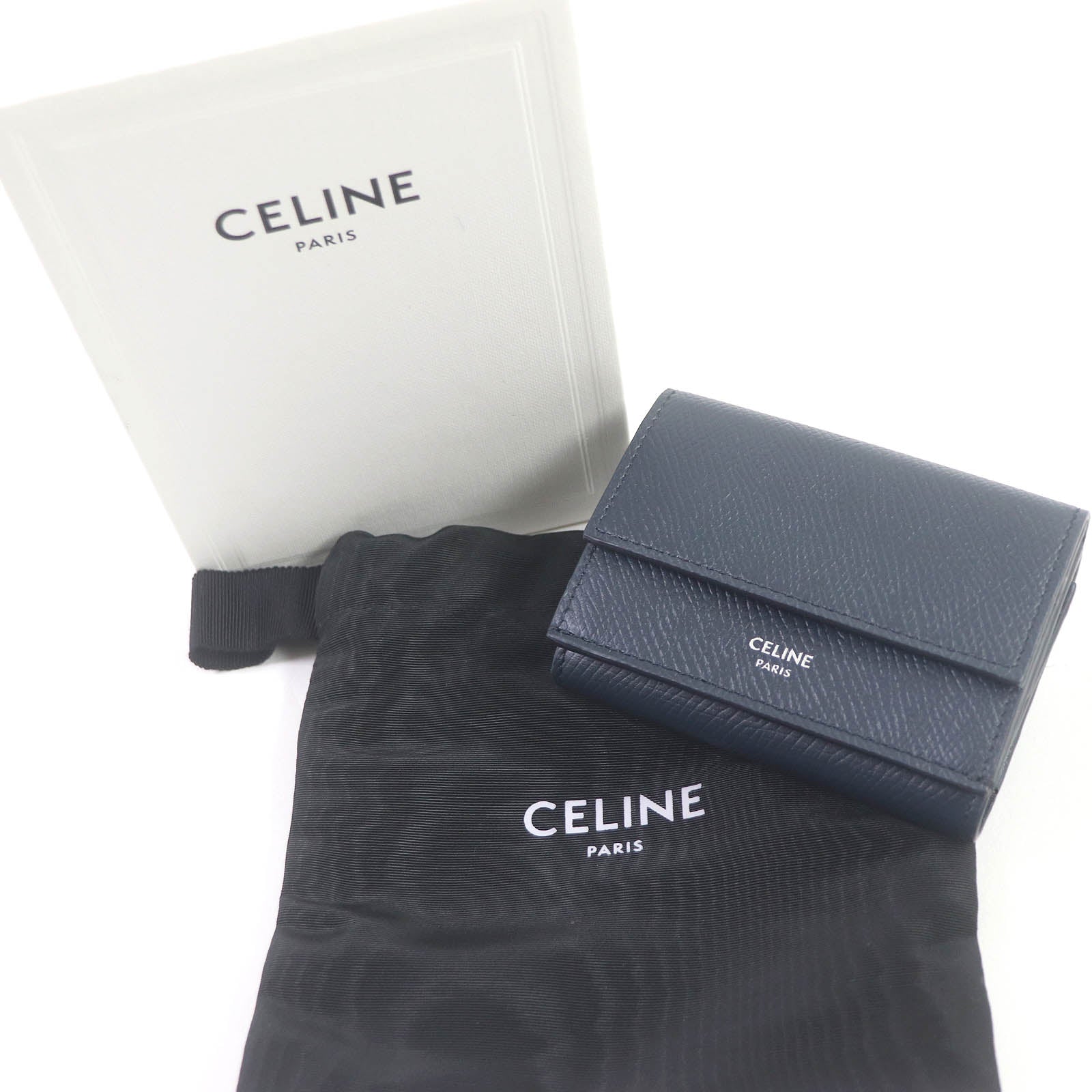 Celine Leather Compact Tri-fold Wallet Navy