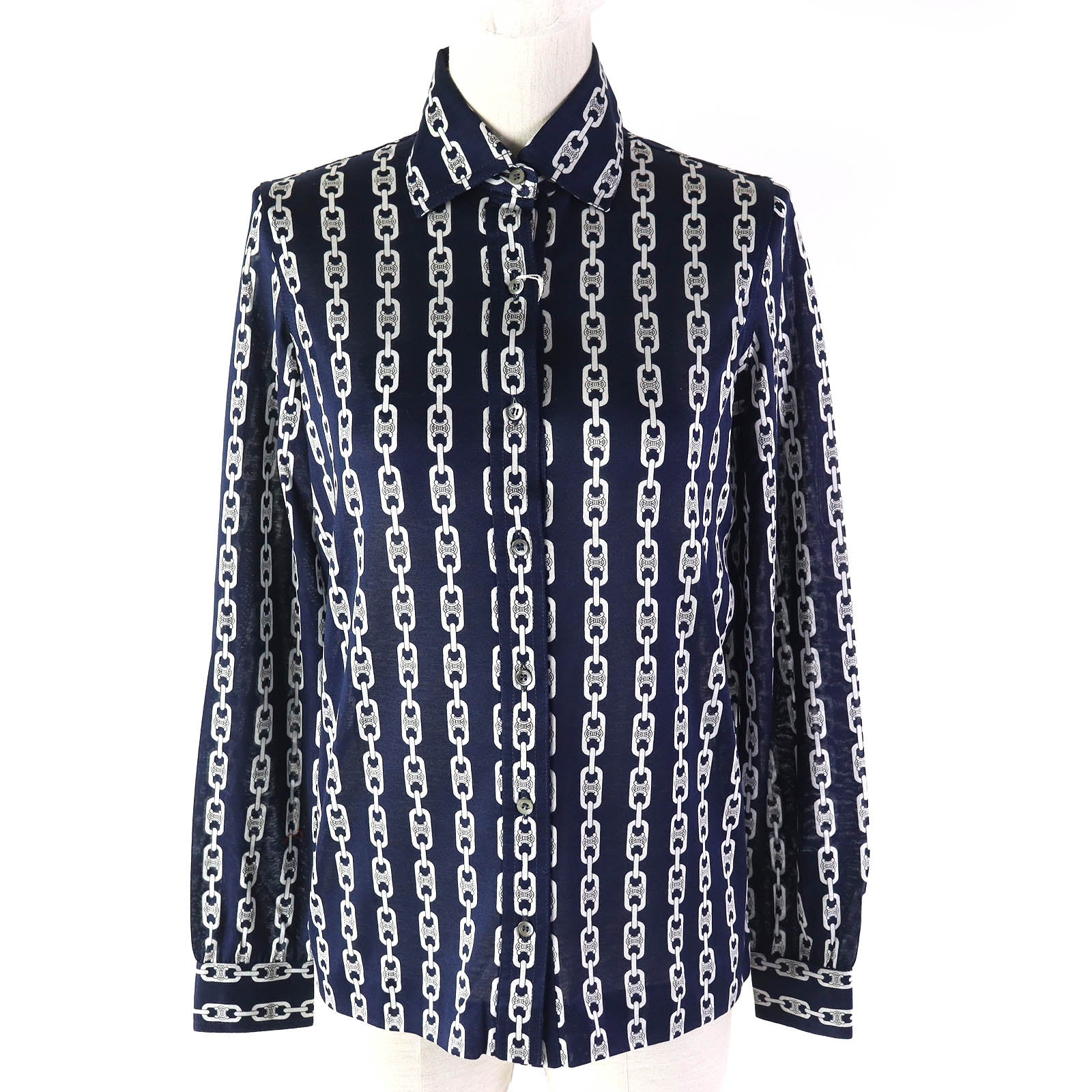 Celine Cotton Triomphe Chain Long Sleeve Shirt Navy