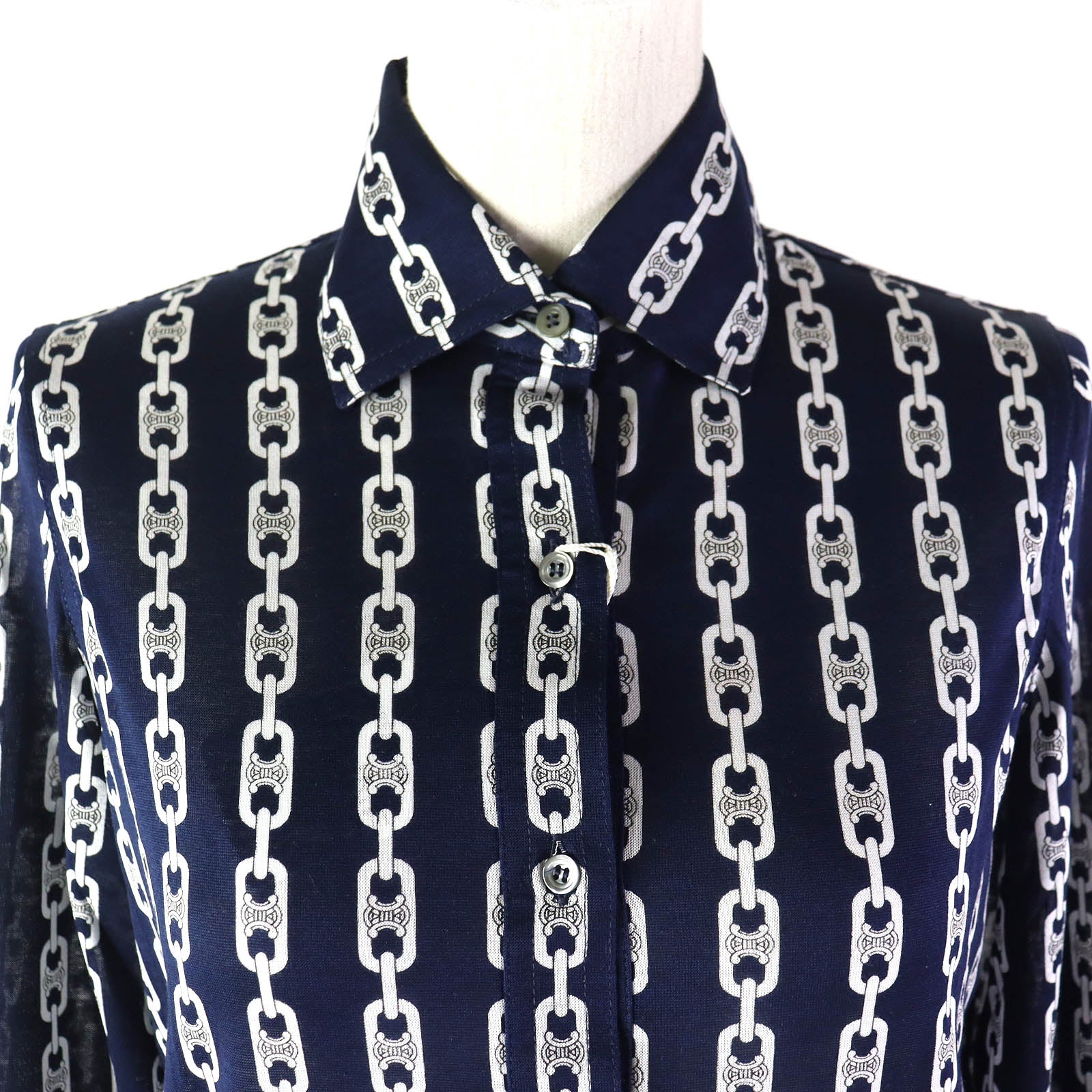 Celine Cotton Triomphe Chain Long Sleeve Shirt Navy