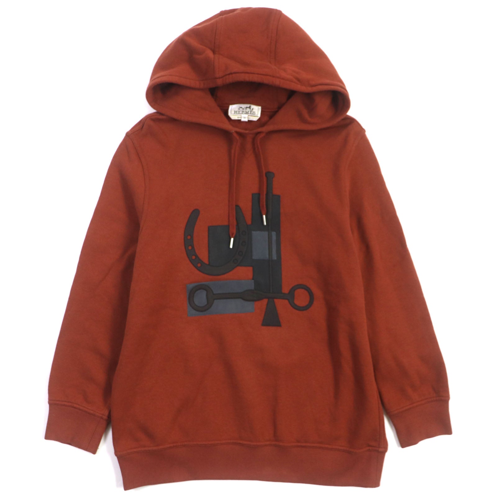 HERMES Cotton Hooded Sweater Red Brown XS