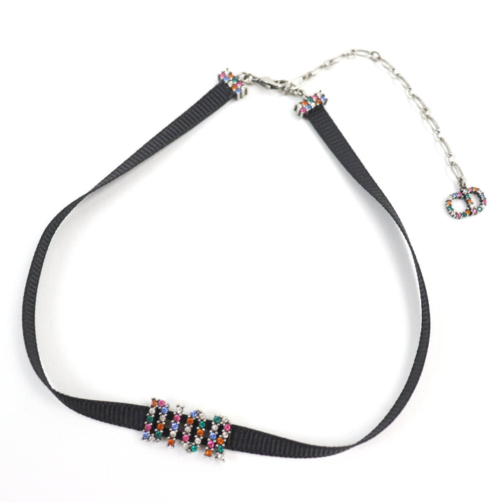 Dior Logo Rhinestone Choker Black Multicolor