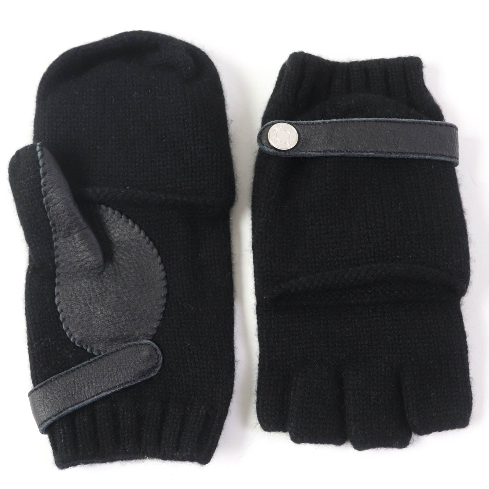 Hermes Cashmere Leather Knit Mittens Gloves