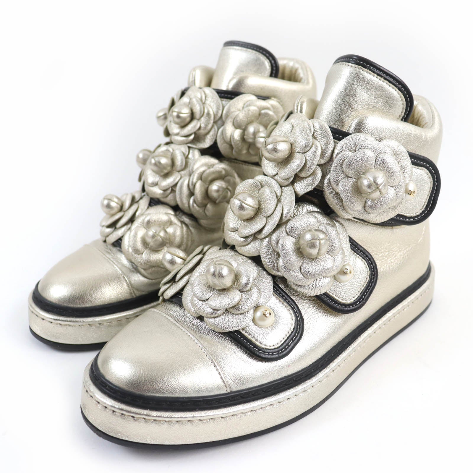 Chanel Camellia Leather High Cut Sneakers 37