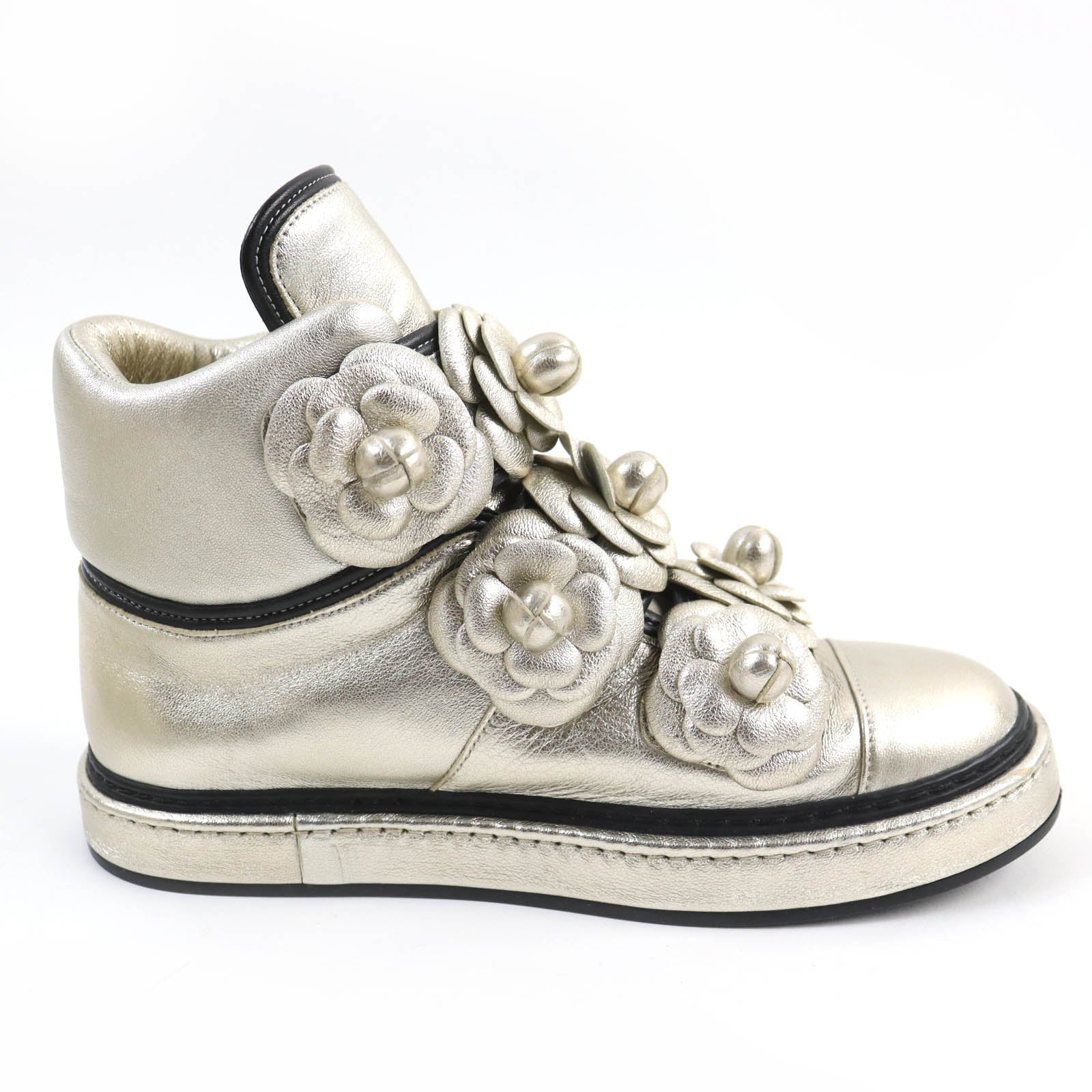 Chanel Camellia Leather High Cut Sneakers 37